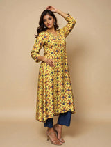 trueBrowns Lime Pink Floral Print A-line Glass Neck Kurta Set
