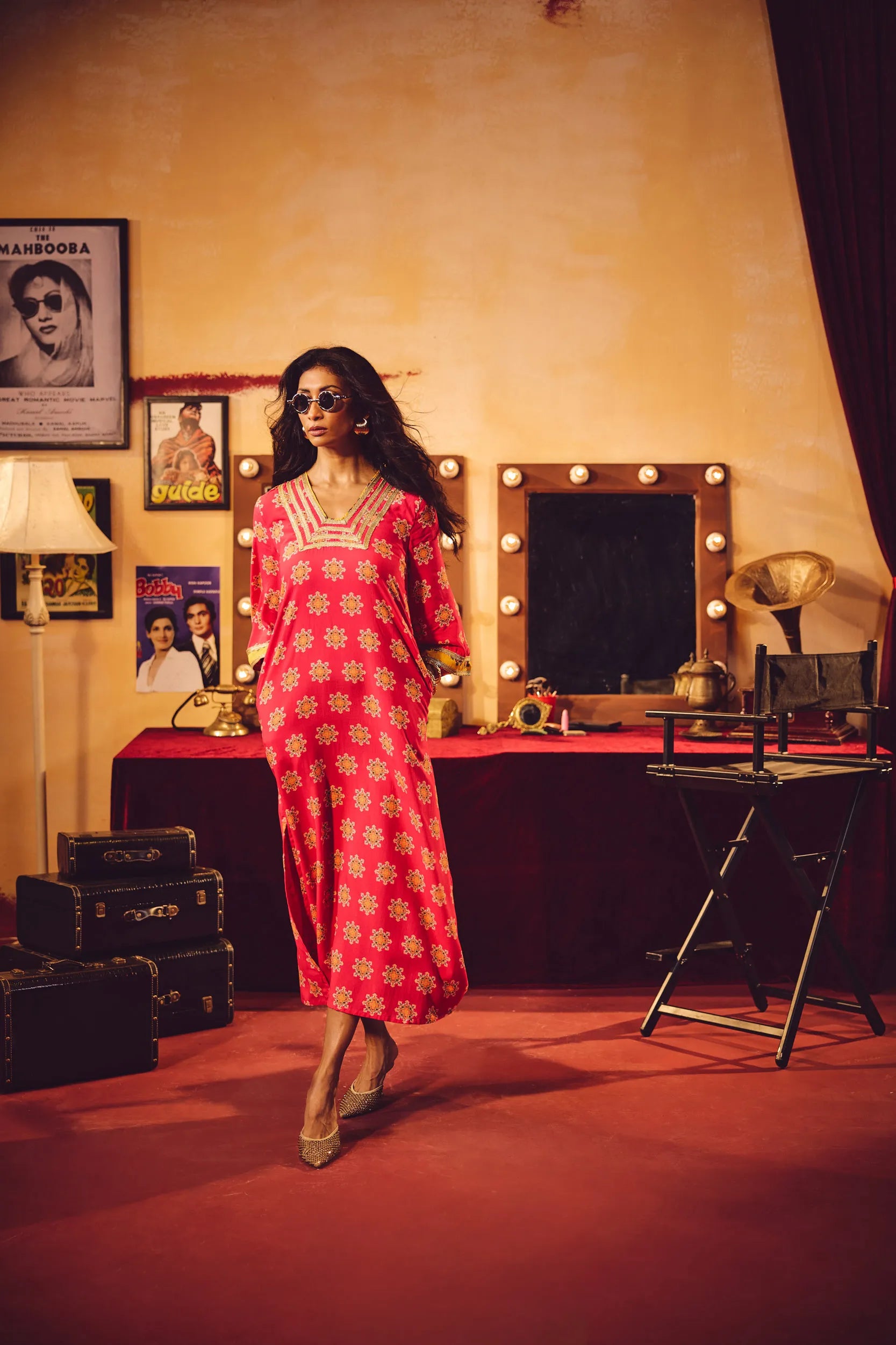 trueBrowns Pink Boota Print Viscose Straight Maxi Dress