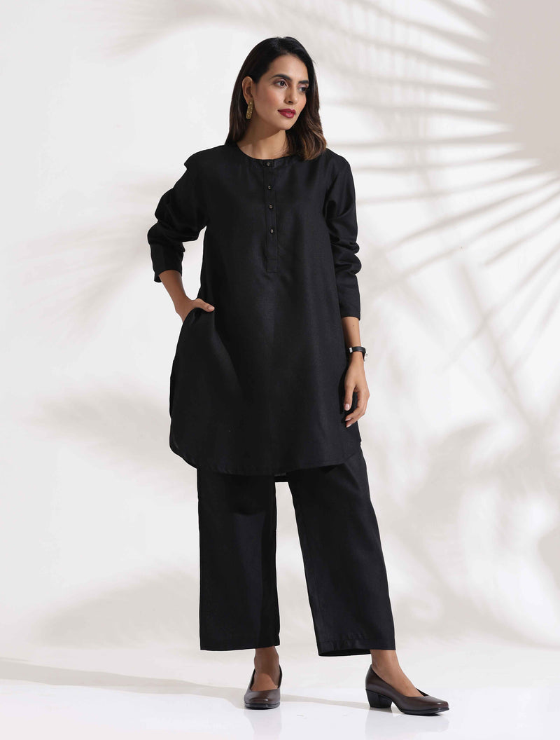 trueBrowns Black Slub Kurta Co-ord Set