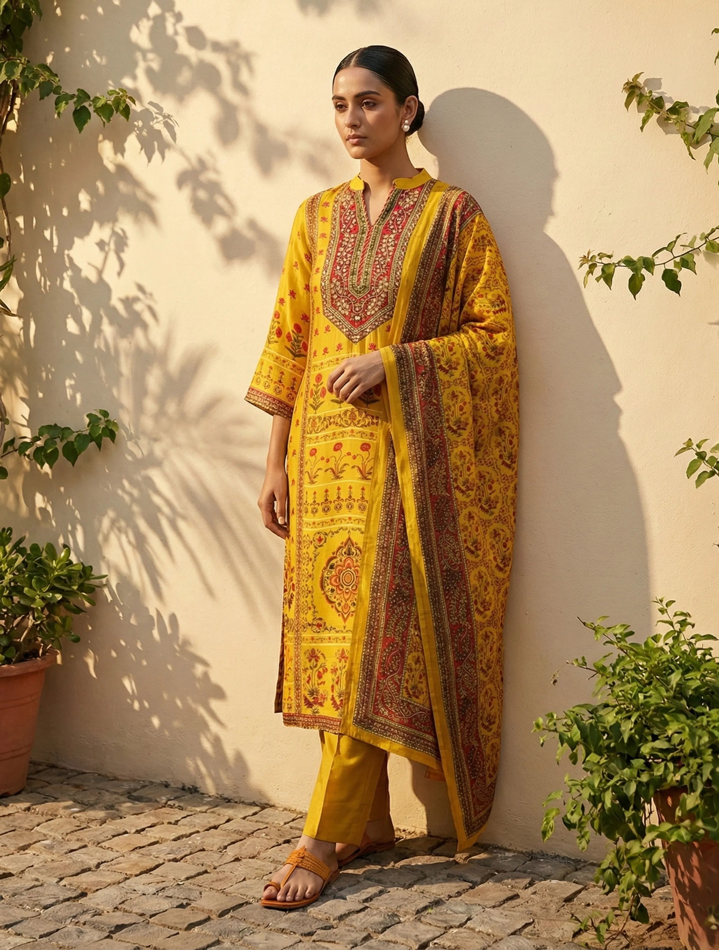 trueBrowns Yellow Floral Print Embroidered Kurta Pant Dupatta Set
