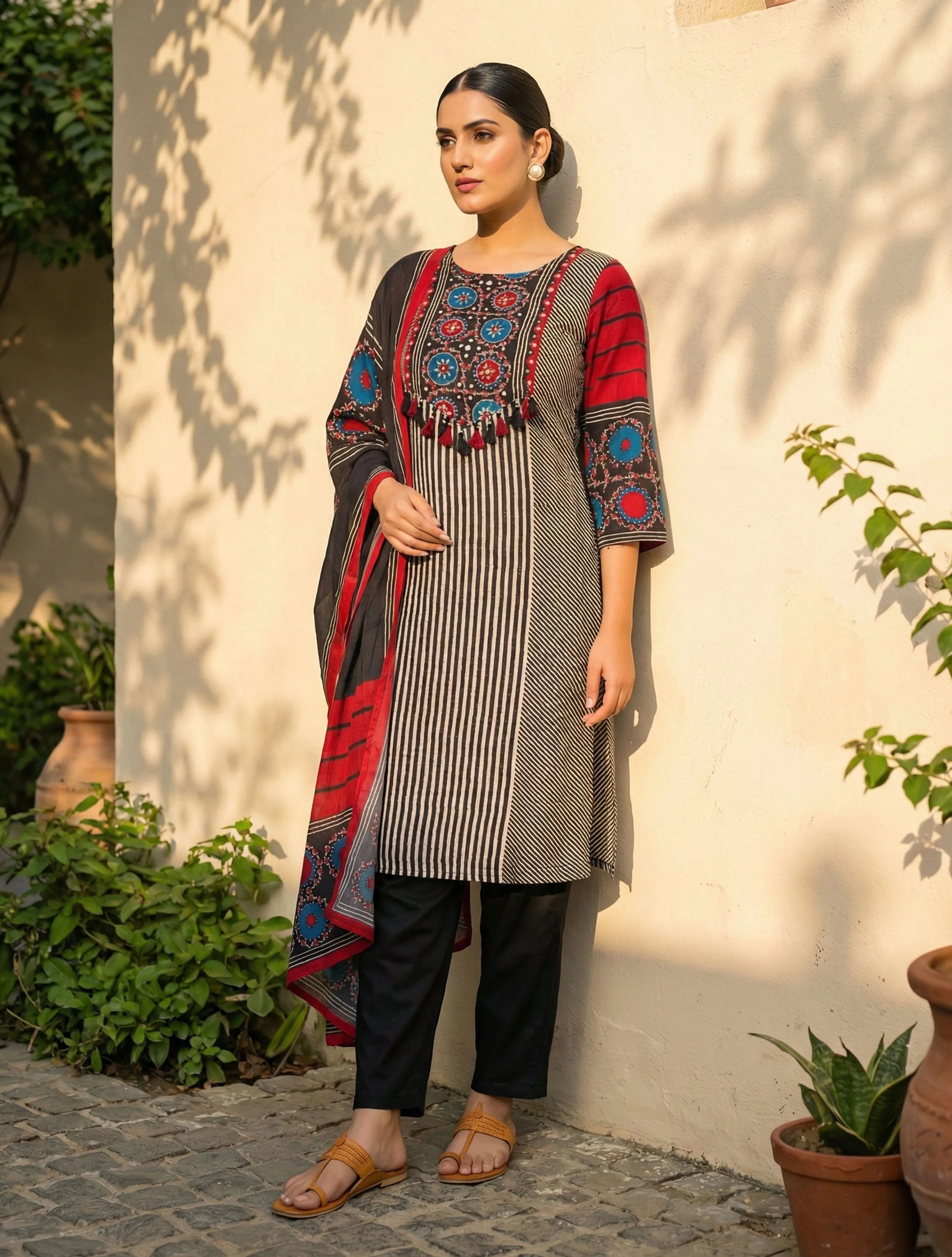 trueBrowns Black Stripe Print Embroidered Kurta Pant Dupatta Set