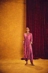 trueBrowns Purple Orange Jaal Print Viscose Anarkali High-Slit Kurta Set
