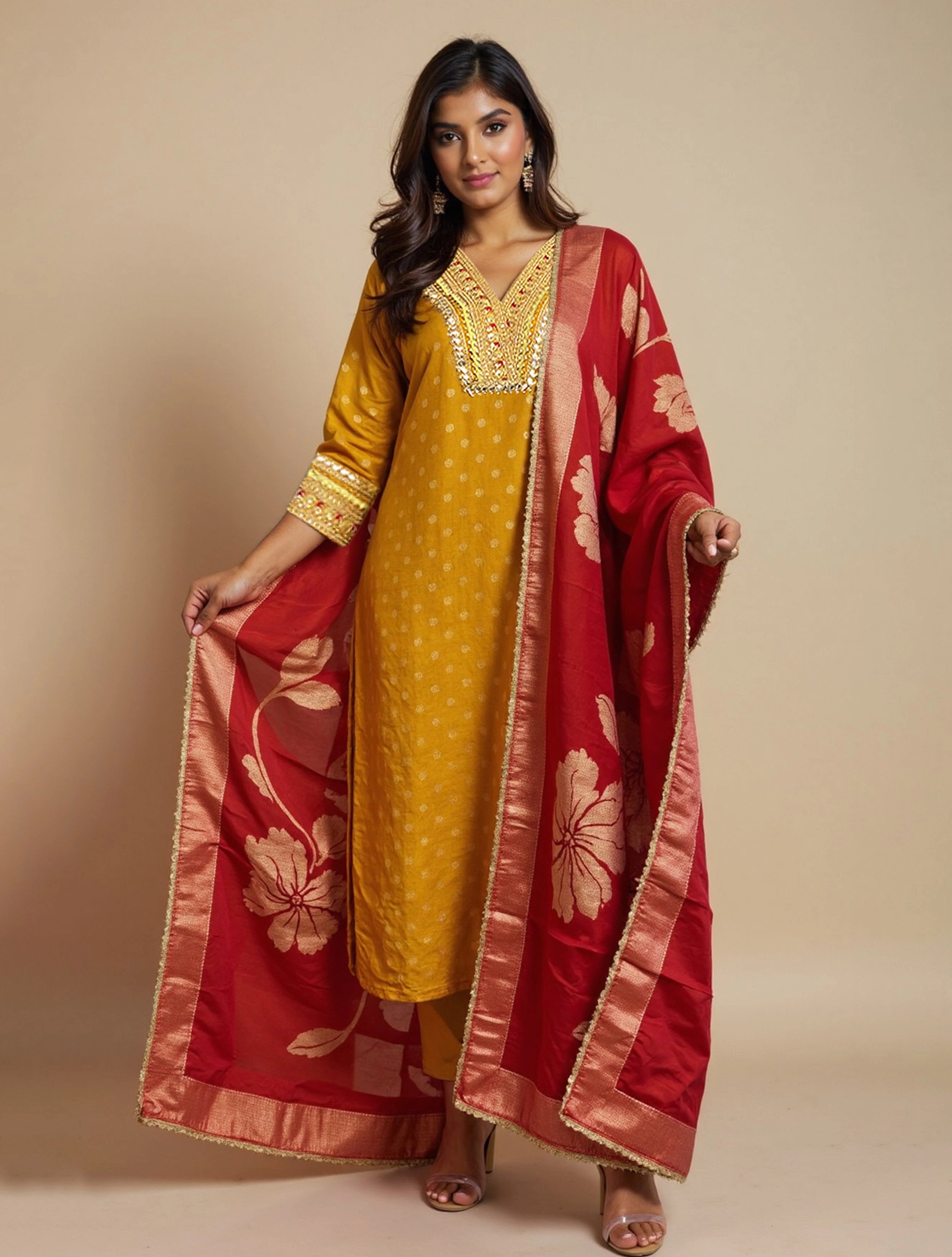 trueBrowns Yellow Jacquard Straight Kurta Pant Dupatta Set