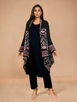 trueBrowns Black Woollen Geometric Kaftan Cape