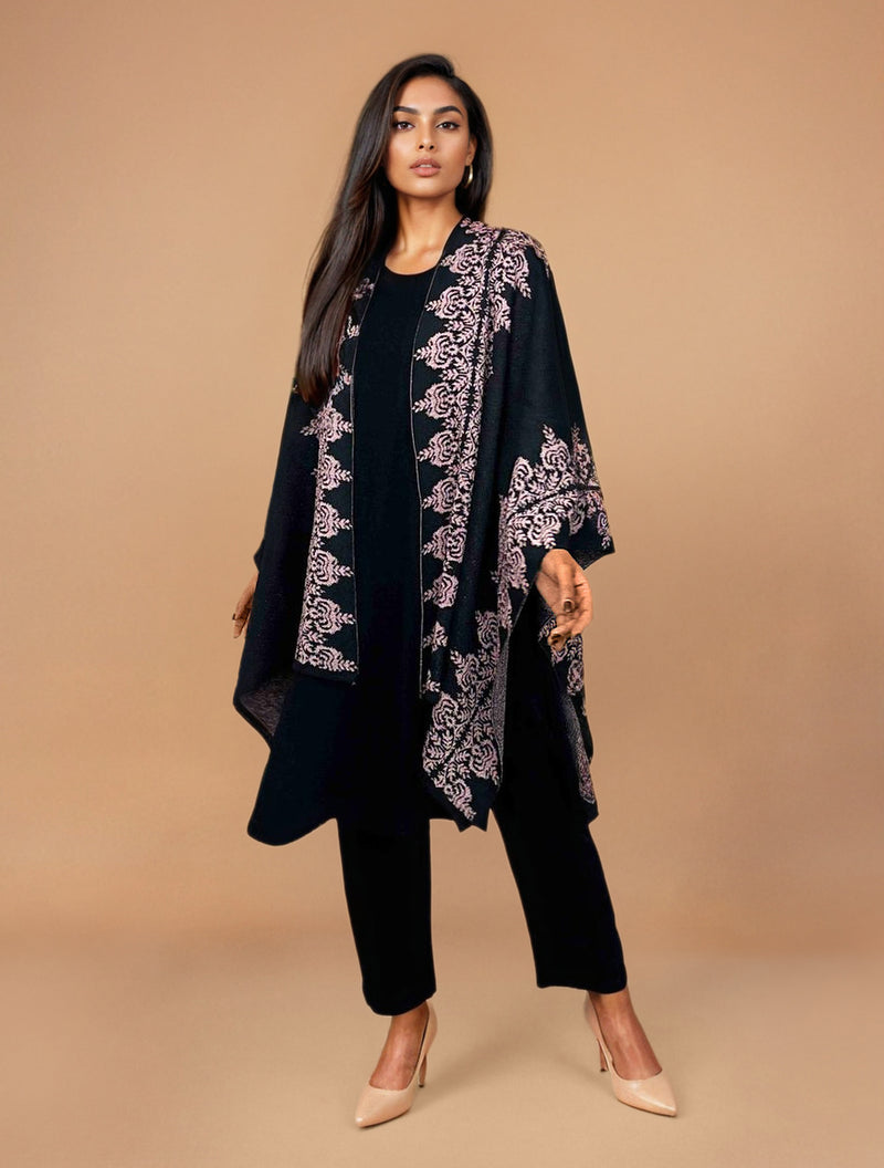 trueBrowns Black Woollen Pink Jacquard Kaftan Cape