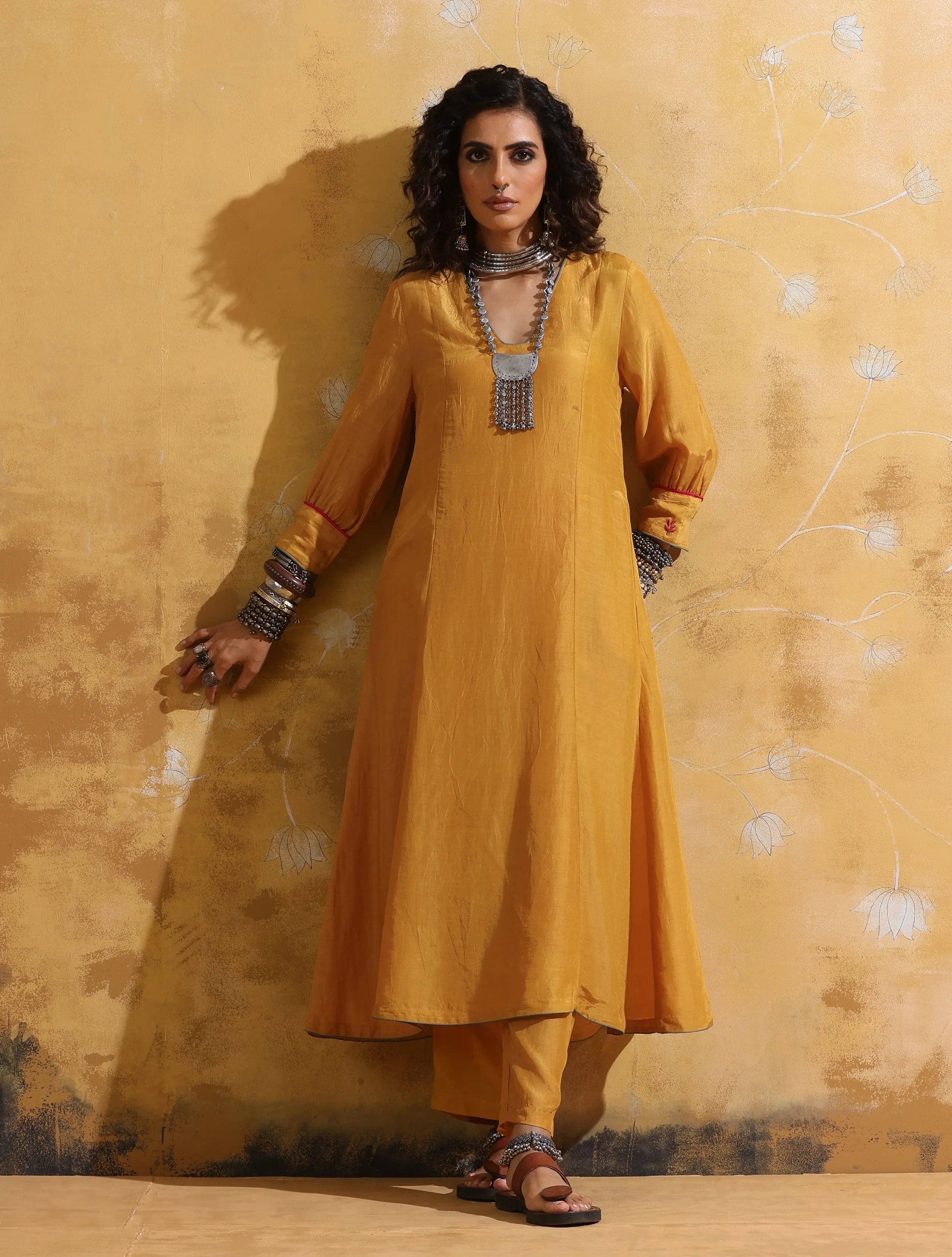 trueBrowns Mustard Muslin Silk A-line Kurta Pant Set