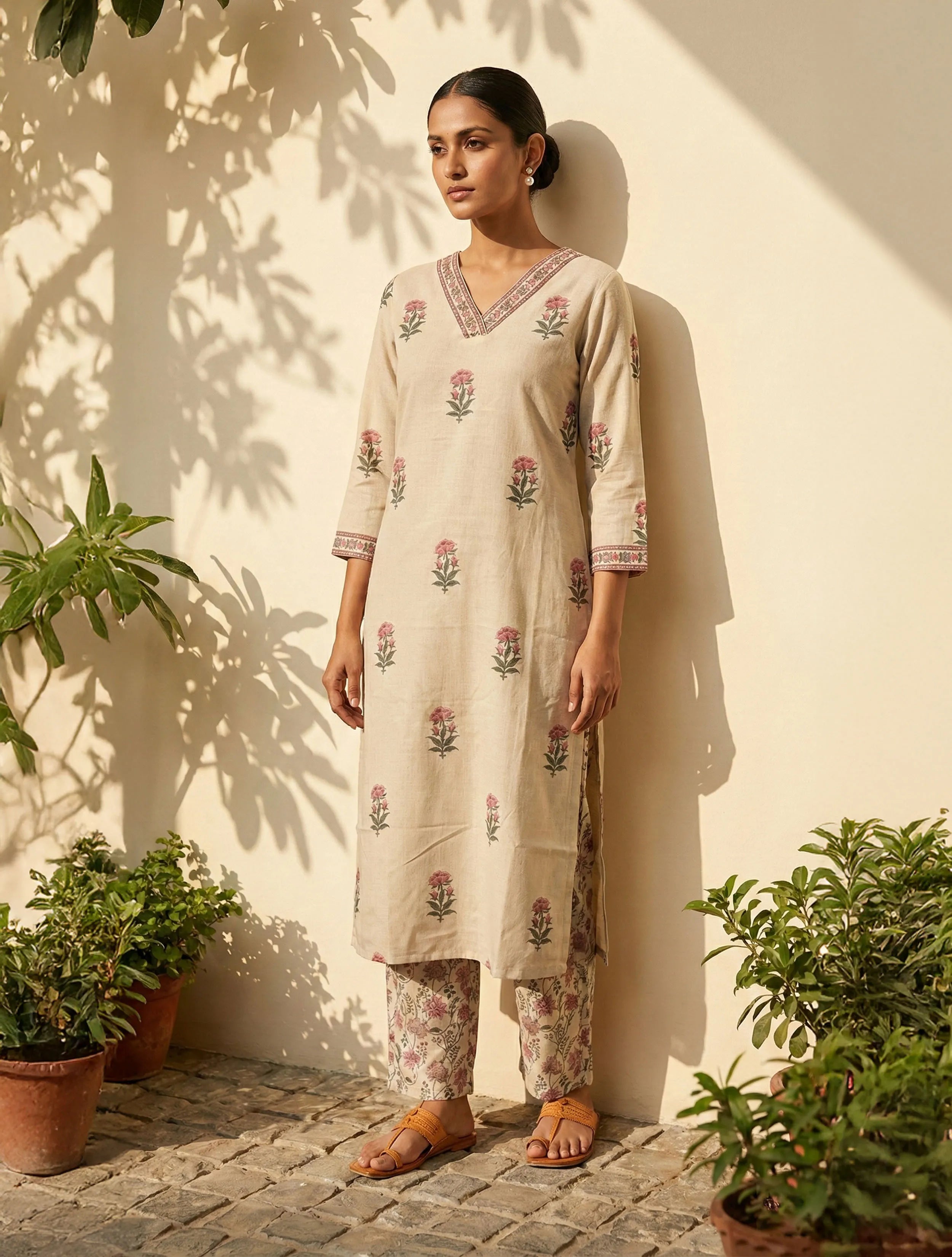 trueBrowns Ivory Floral Boota Print V-Neck Kurta Pant Set