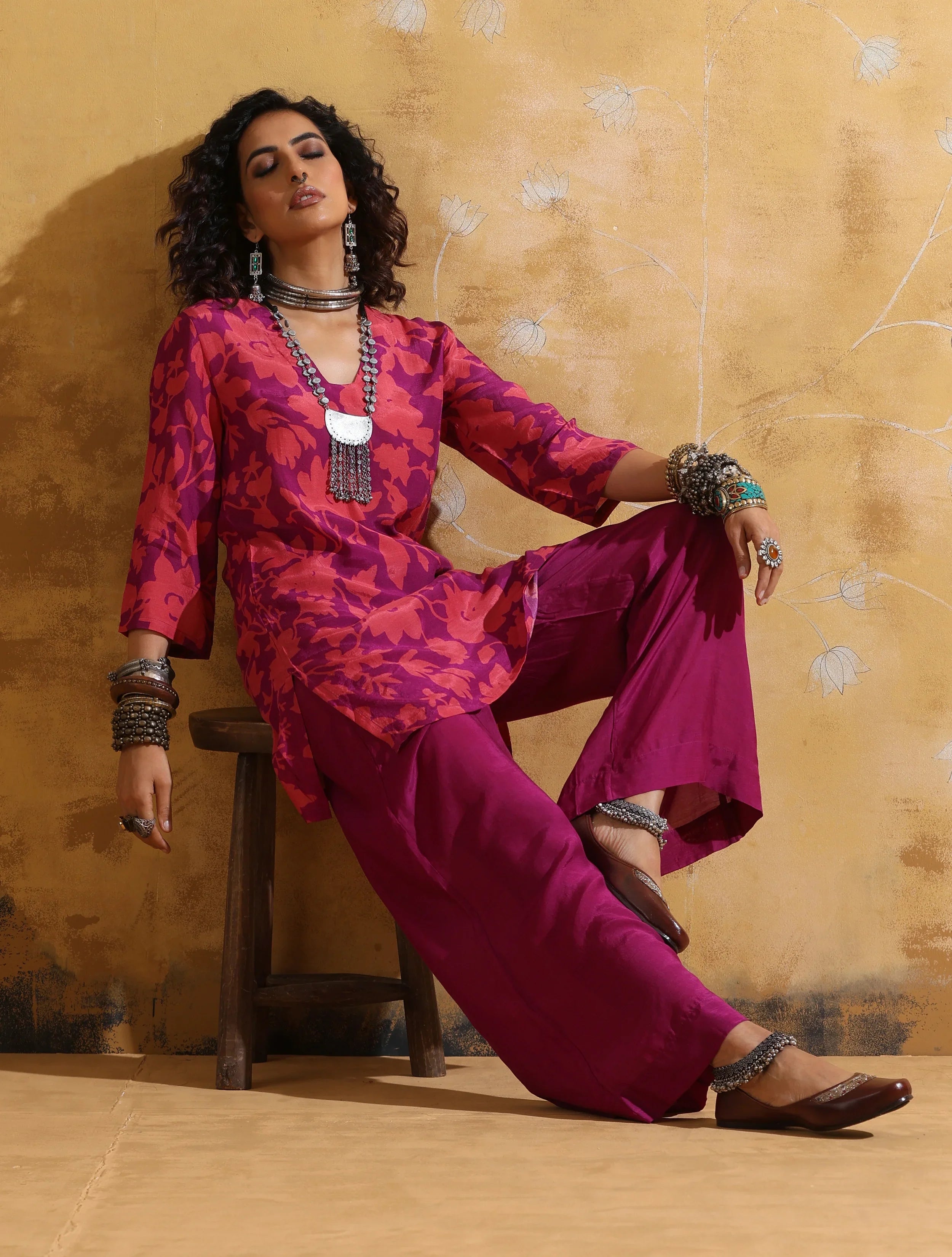 trueBrowns Purple Peach Jaal Print Muslin Silk Flared Pants Co-ord Set