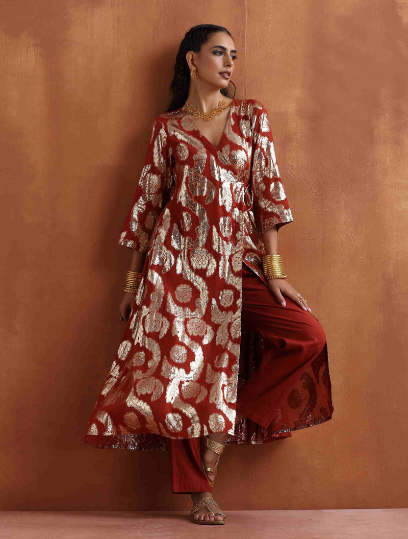 trueBrowns Rust Metallic Angrakha Kurta Set