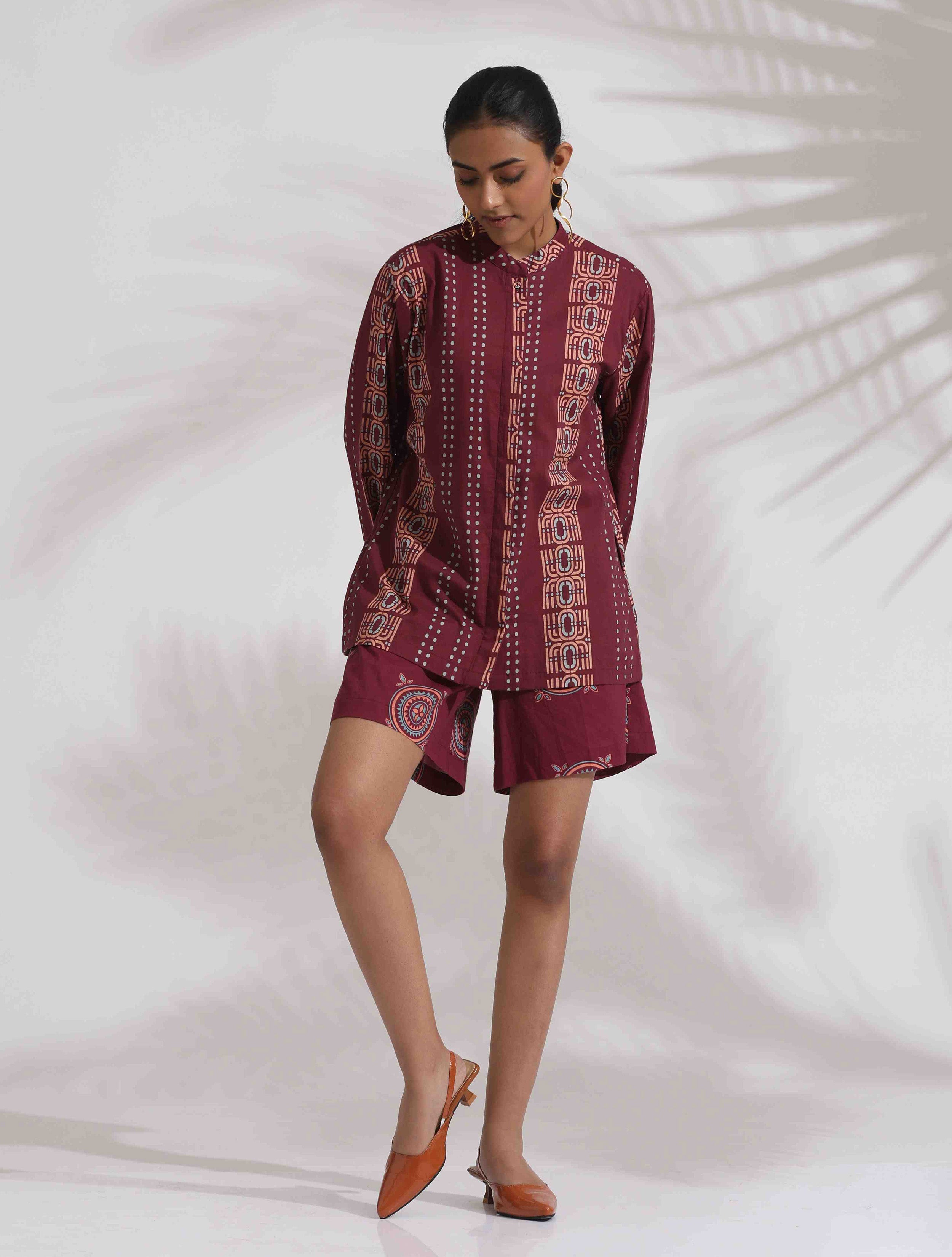 trueBrowns Purple Cotton Print Short Co-ord Set