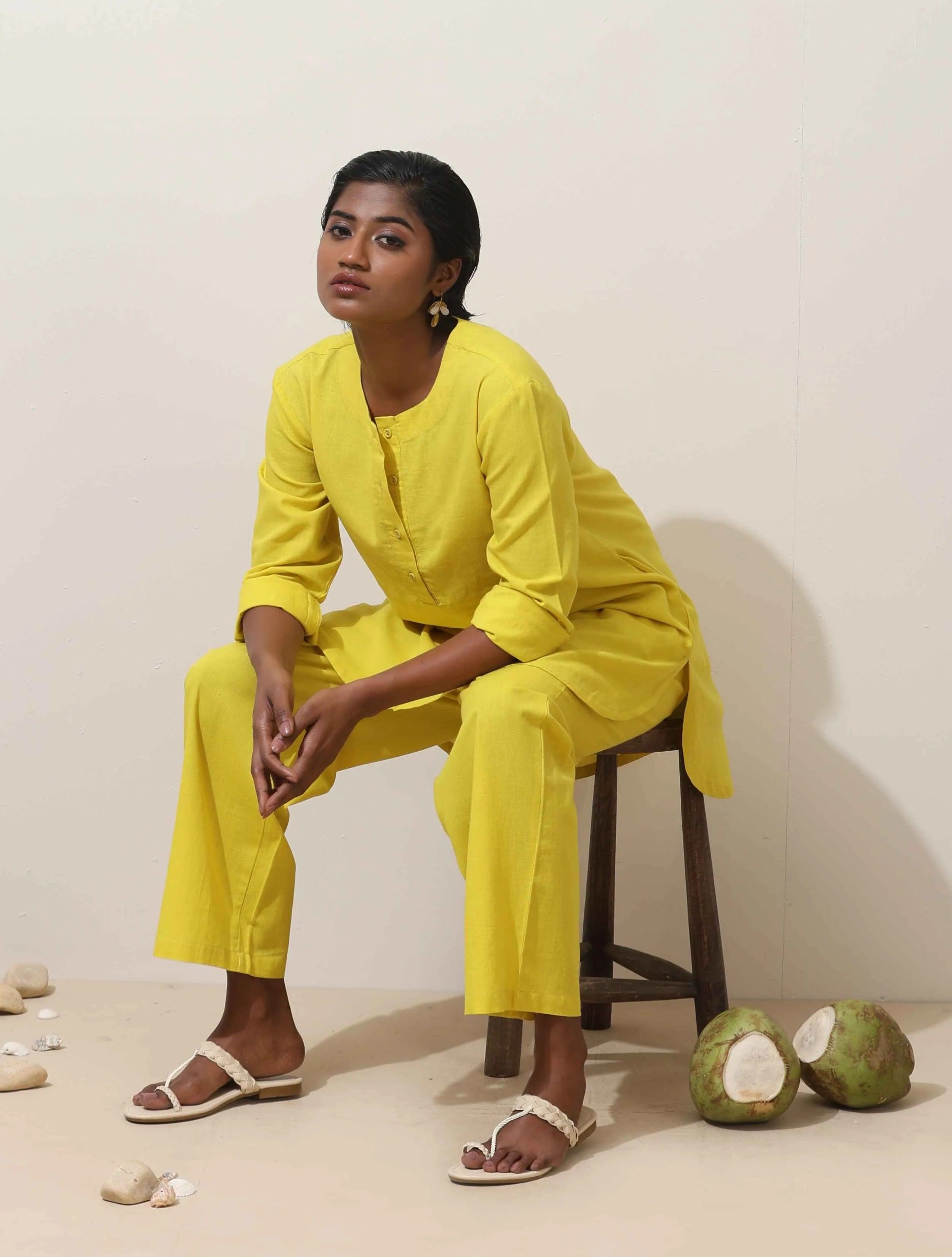 trueBrowns Lime Cotton Linen Kurta Co-Ord Set