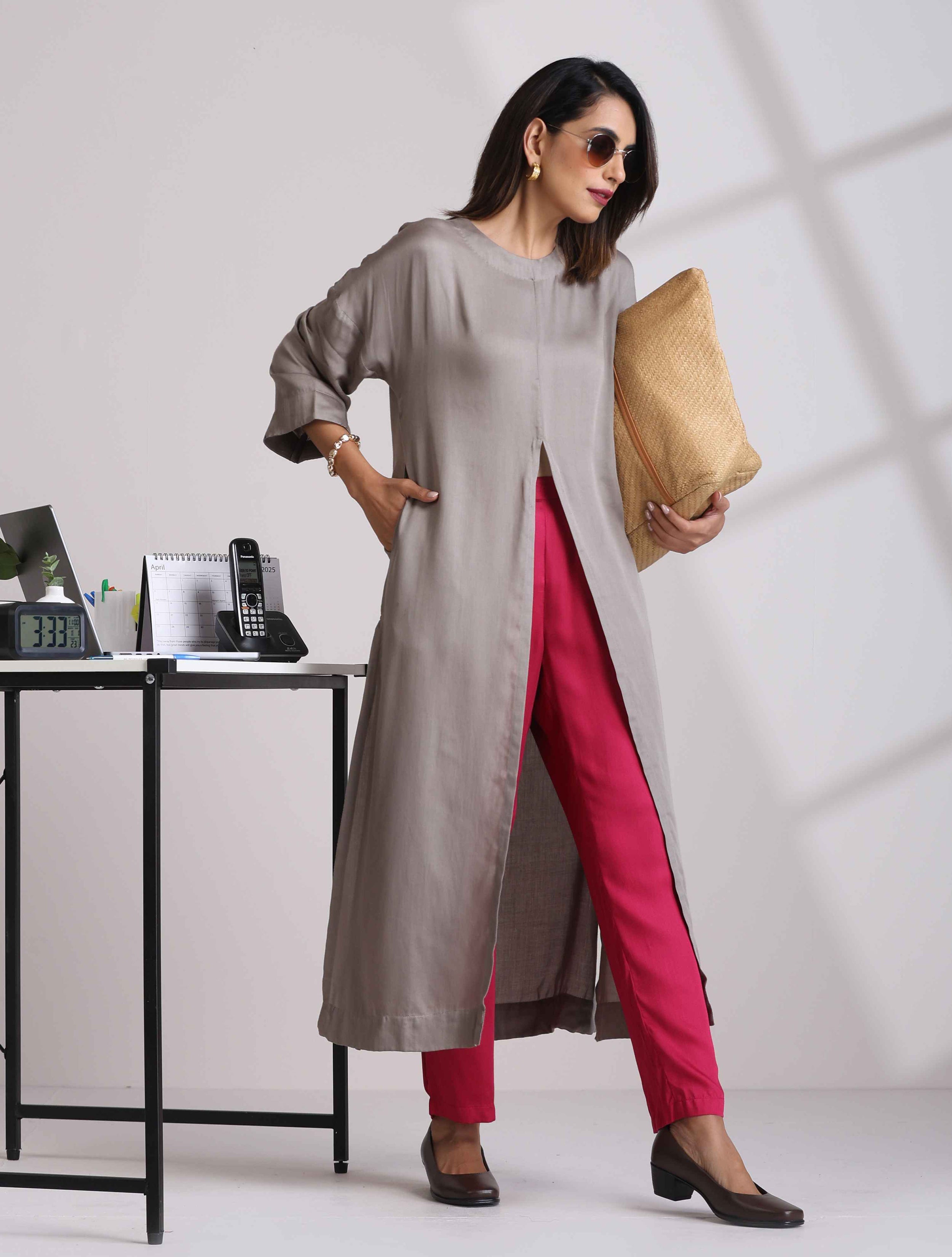 trueBrowns Grey High Slit Modal Kurta Set