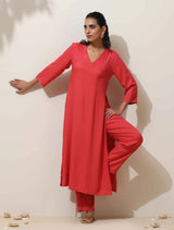 trueBrowns Coral Viscose Solid Kurta Pant Set