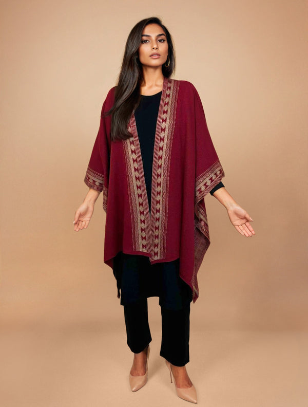 trueBrowns Maroon Woollen Geometric Kaftan Cape