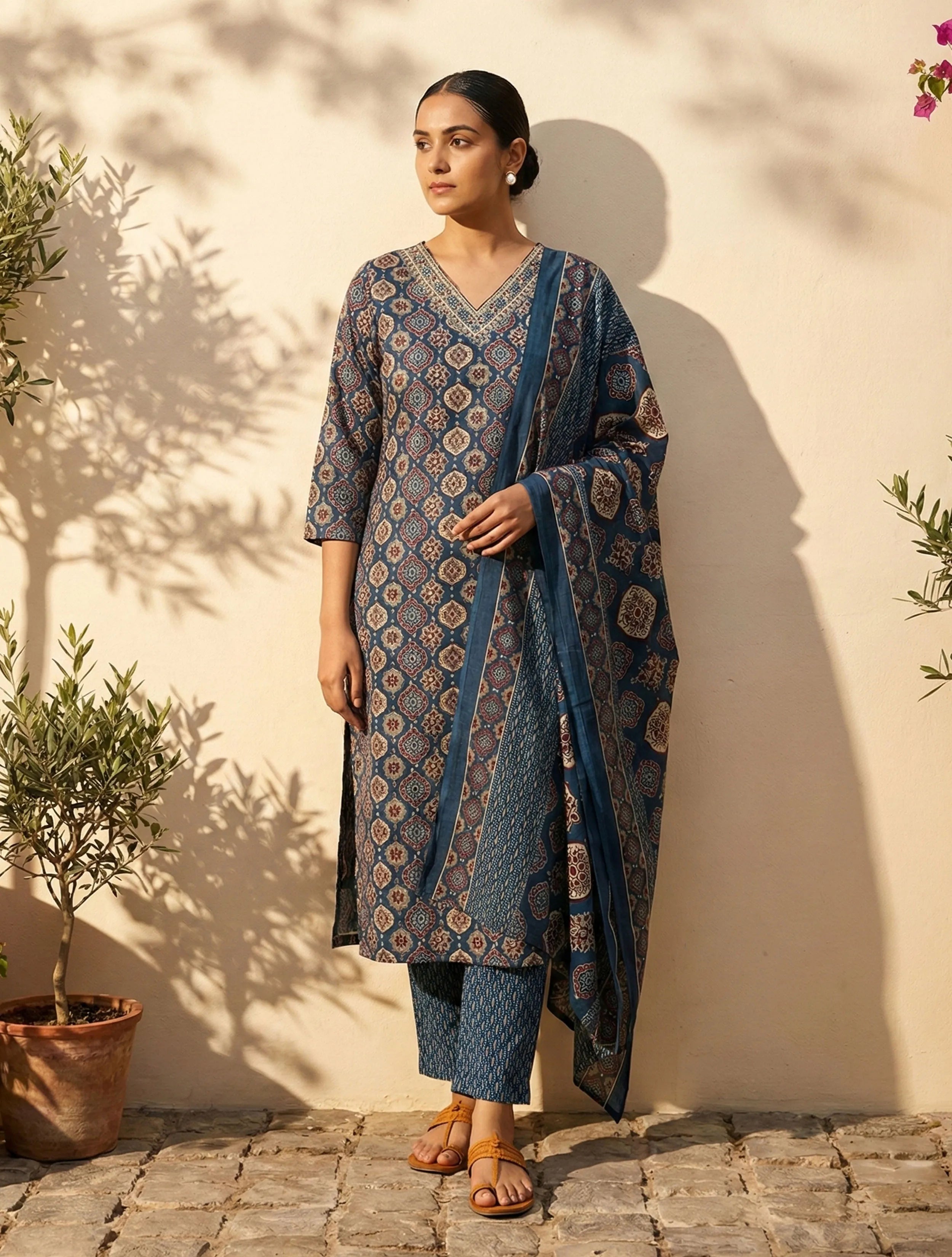 trueBrowns Blue Print Embroidered  V-Neck Kurta Pant Dupatta Set