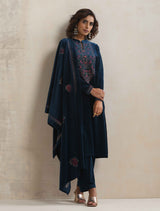 trueBrowns Blue Velvet Floral Embroidered Kurta Pant Dupatta Set