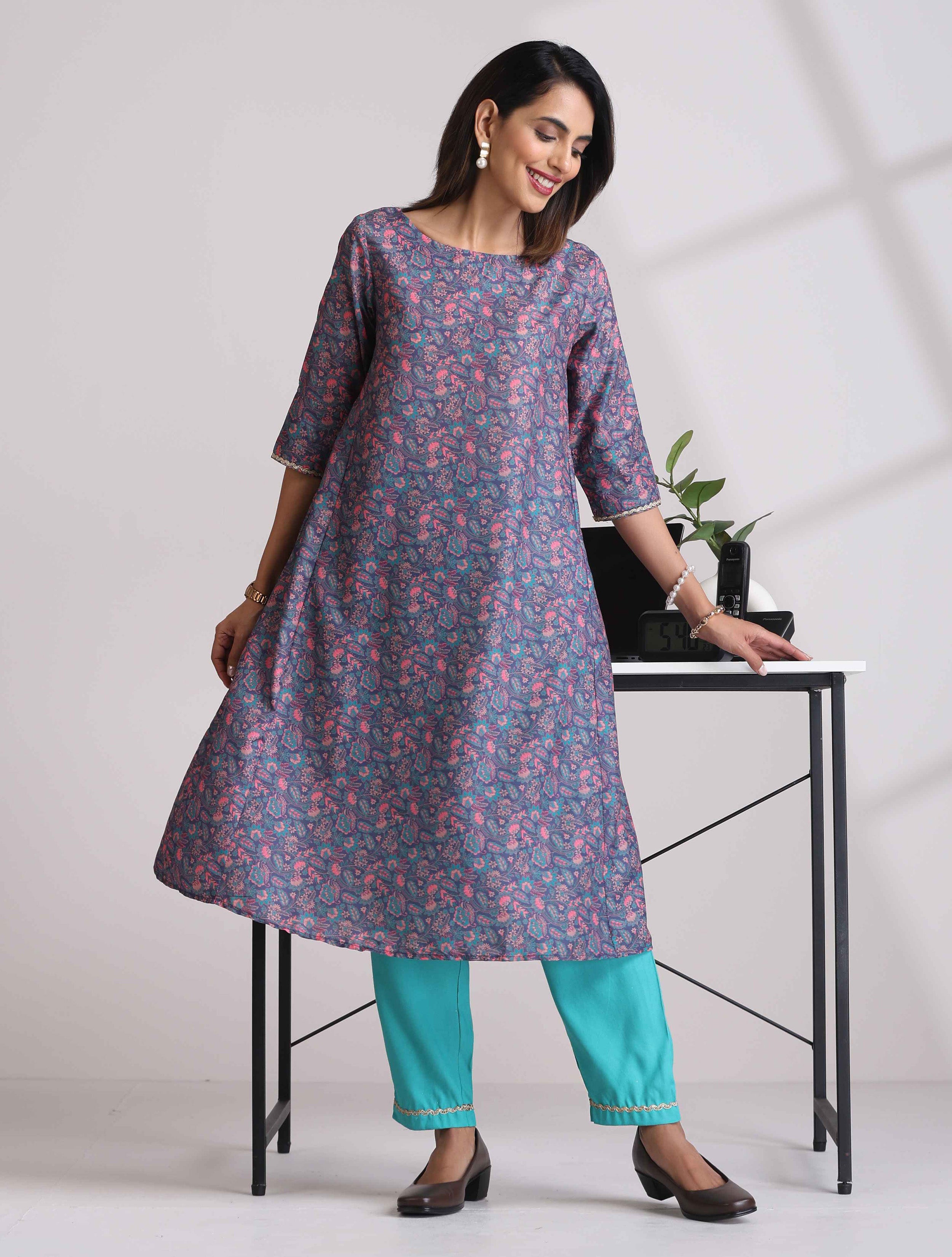 trueBrowns Purple Floral Print A-line Kurta Set
