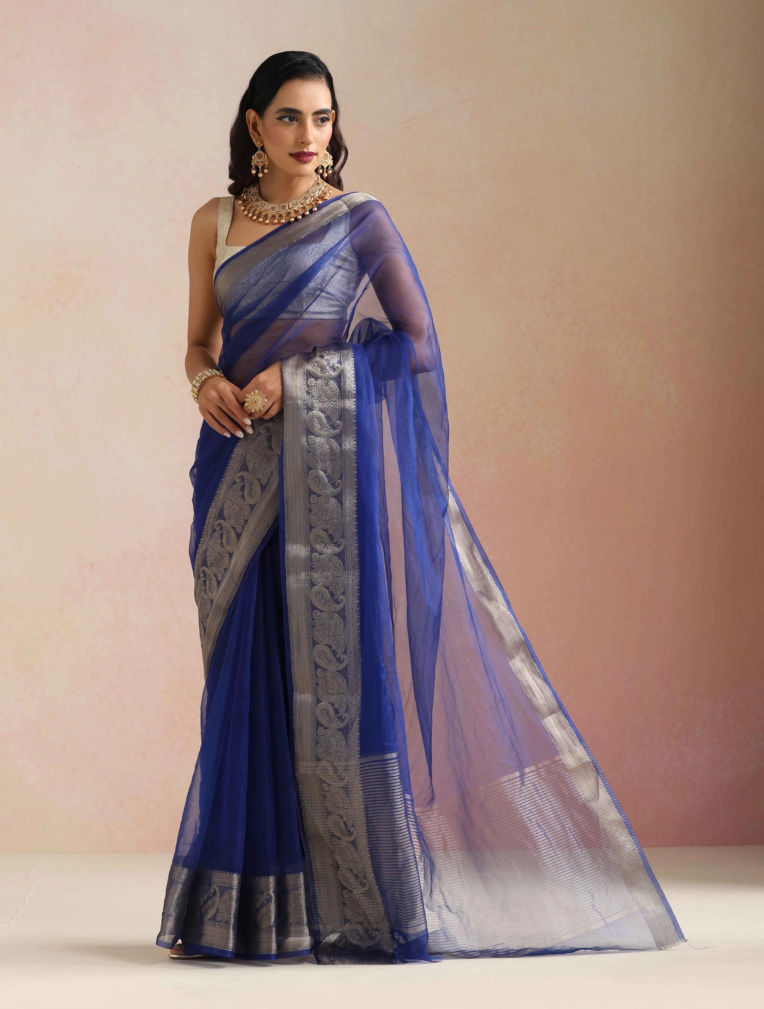 trueBrowns Electric Blue Organza Saree With Unstitched Blouse