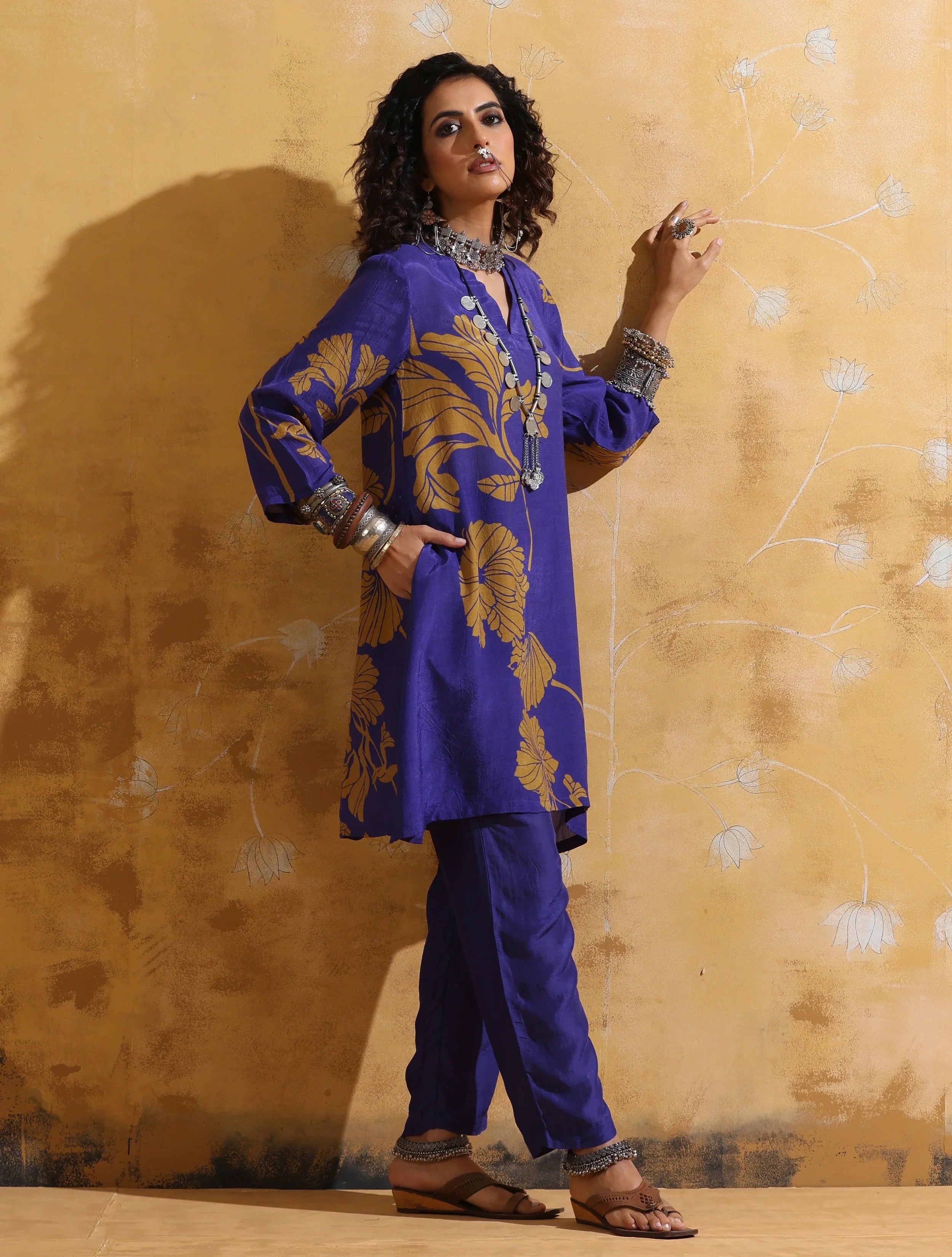 trueBrowns Purple Mustard Floral Print Muslin Silk A-line Kurta Co-ord Set