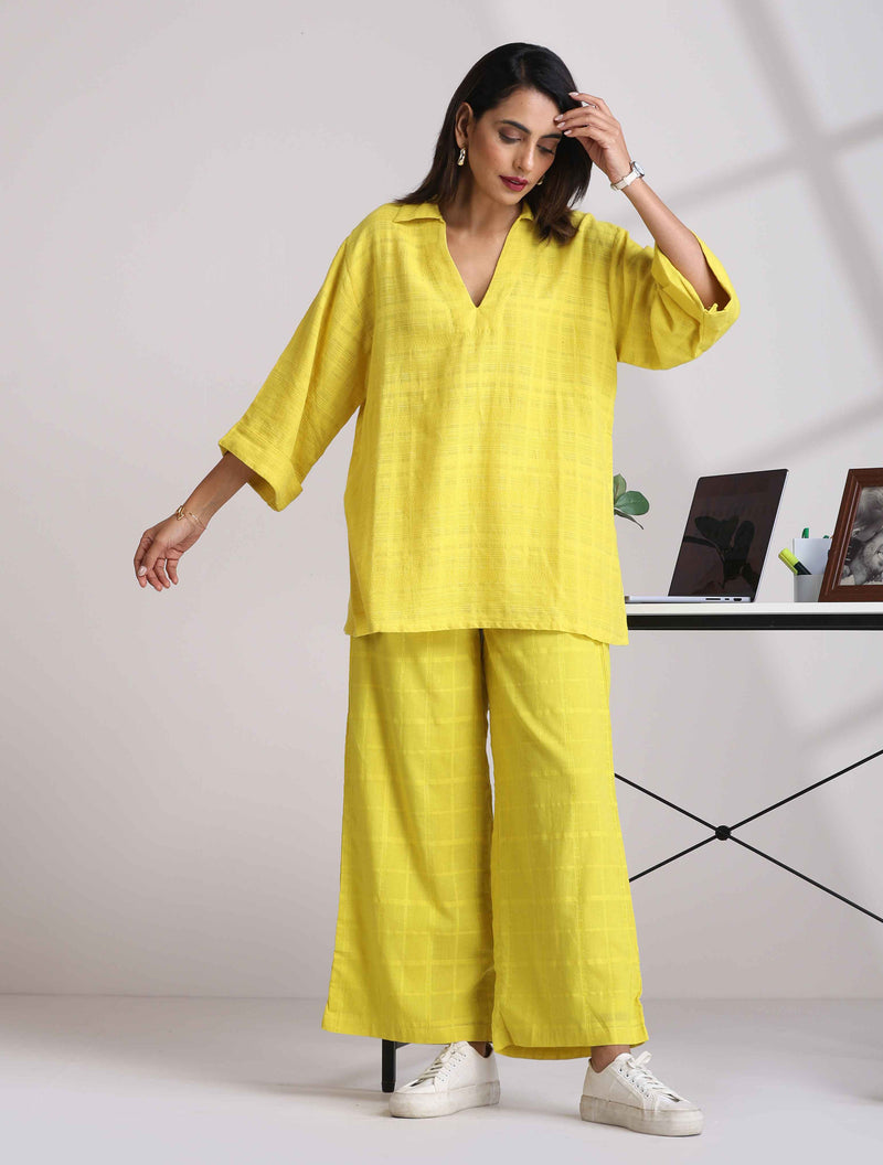 trueBrowns Lime Cotton Dobby V-Neck Co-ord Set