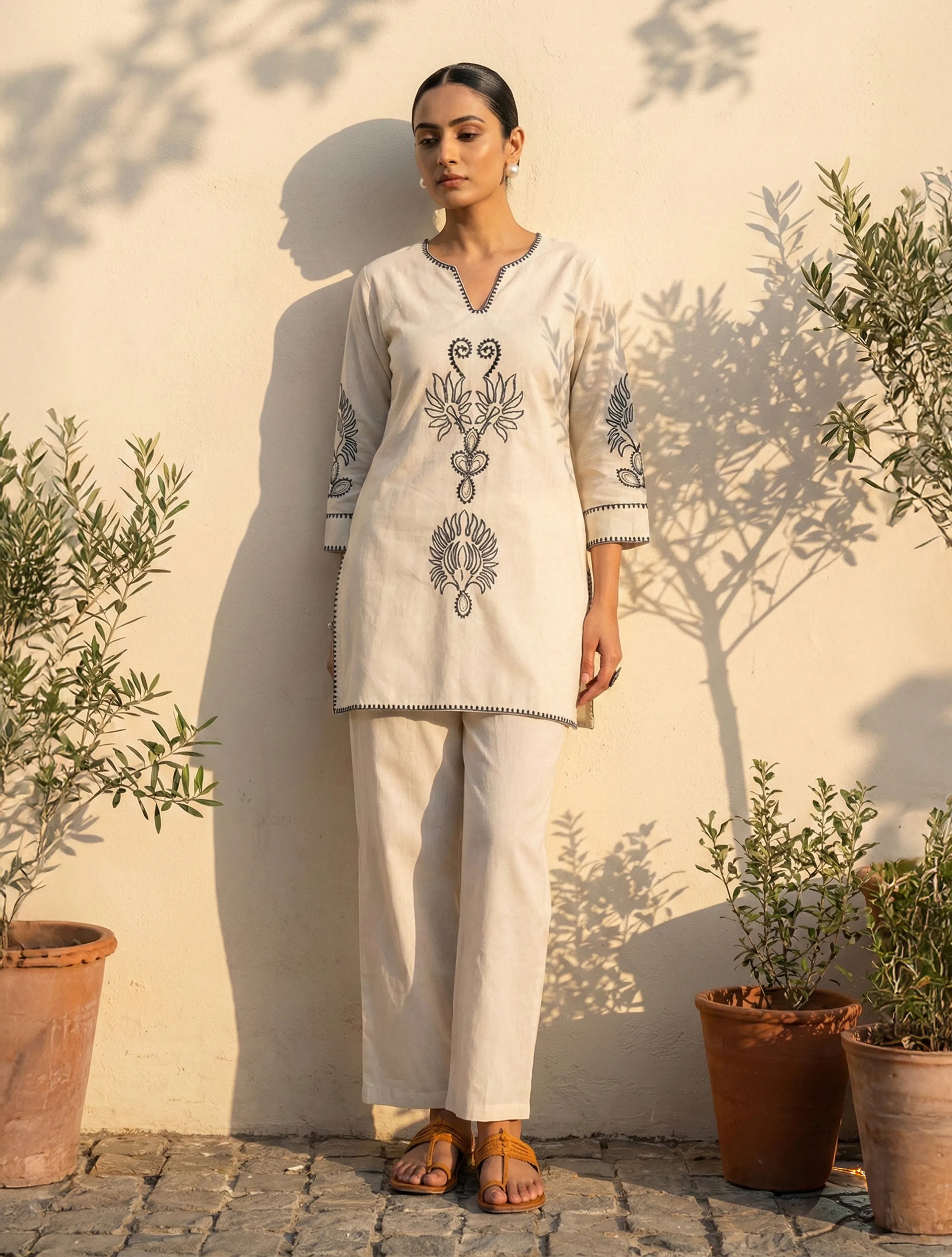 trueBrowns Ivory Black Embroidered Co-Ord Set