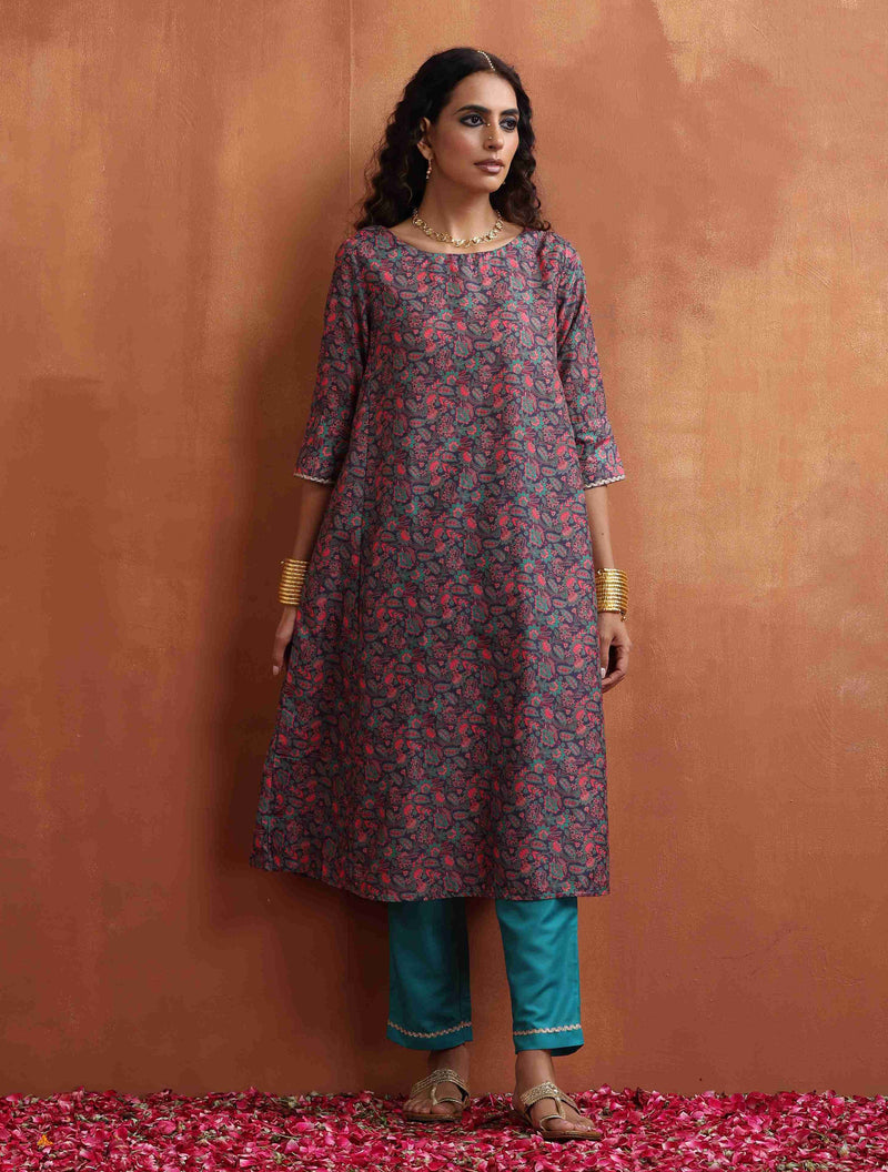 trueBrowns Purple Print A-line Kurta Set