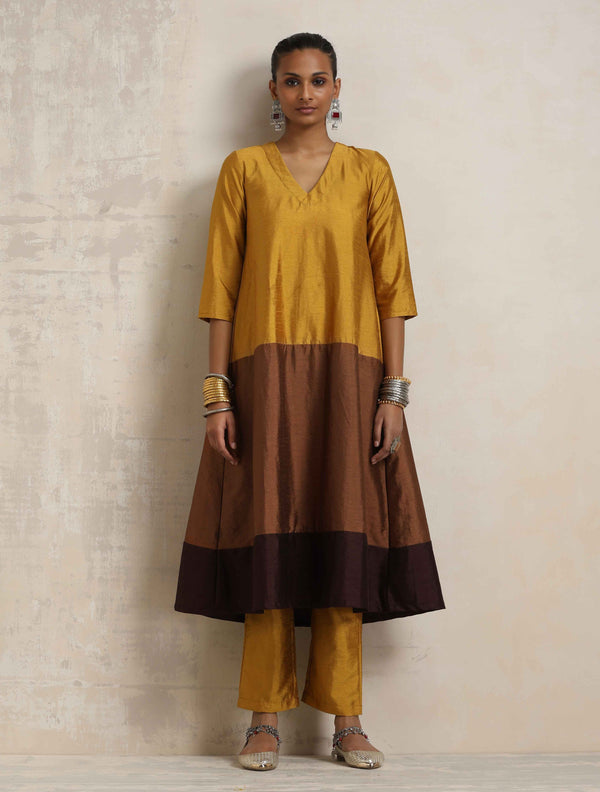 trueBrowns Gold Brown Silk A-line Kurta Set