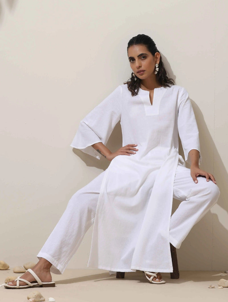 trueBrowns Off White Cotton Linen Angrakha Kurta Pant Set