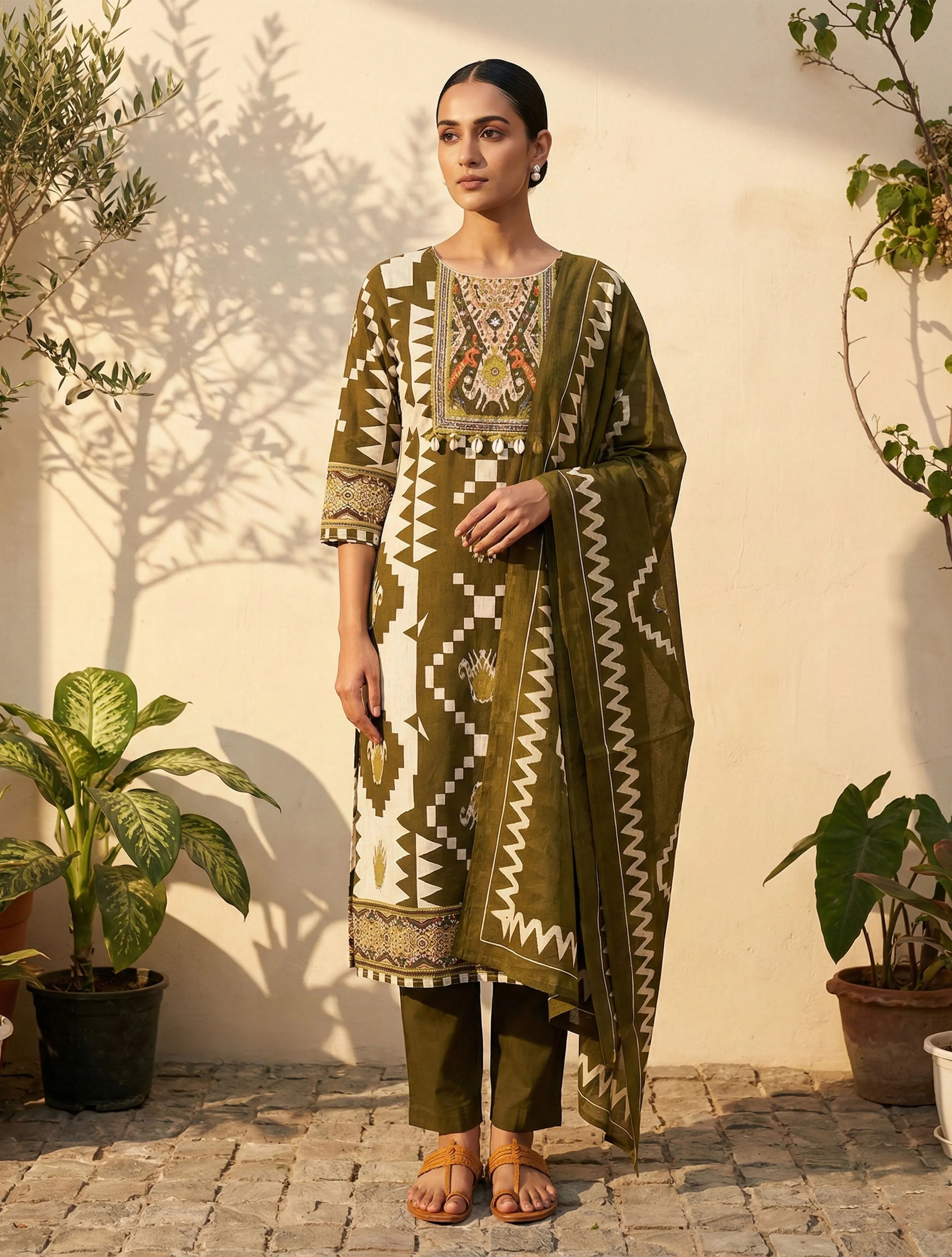 trueBrowns Olive Green Printed Kurta Pant Dupatta Set