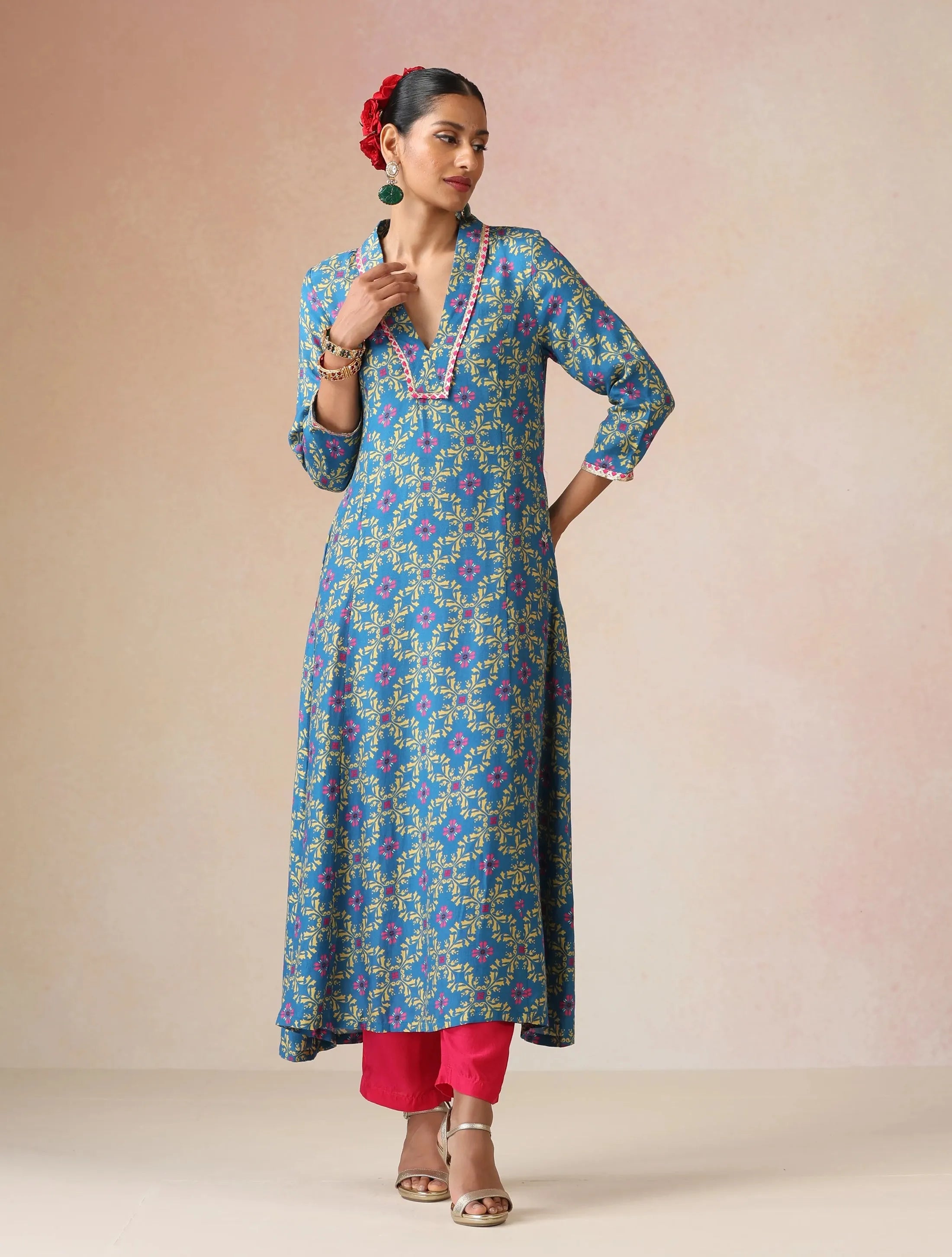 trueBrowns Blue Lime Jaal Print Viscose A-line Kurta Set