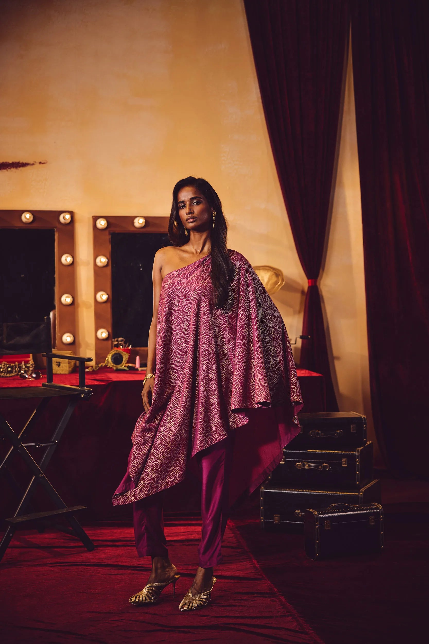 trueBrowns Magenta Gold Foil Print Muslin Silk Asymmetric One-Shoulder Kurta Co-ord Set