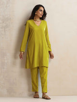 trueBrowns Lime Velvet Kurta Co-ord Set