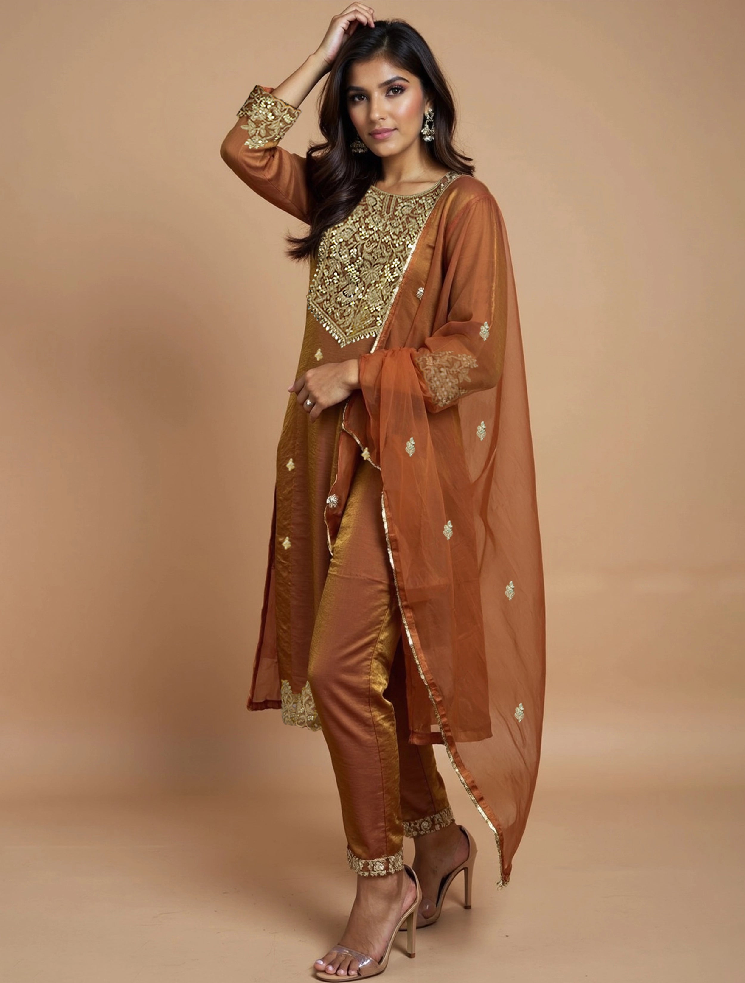trueBrowns Brown All Over Embroidered Tissue Straight Kurta 3pc Set
