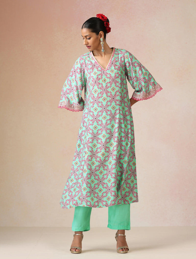 trueBrowns Mint Pink Jaal Print Viscose A-line Kurta Set
