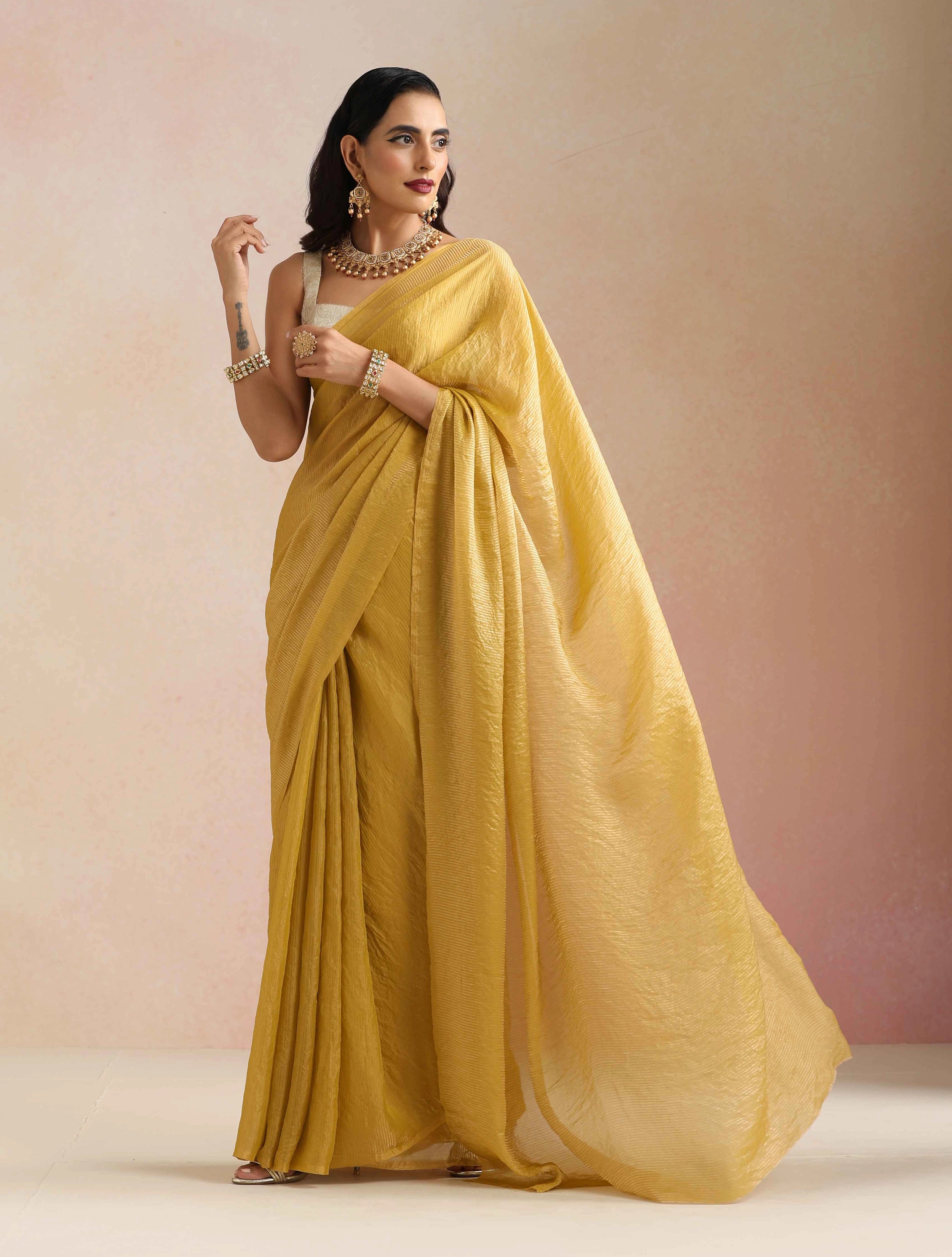 trueBrowns Mustard Tissue Stripe Saree With Unstitched Blouse