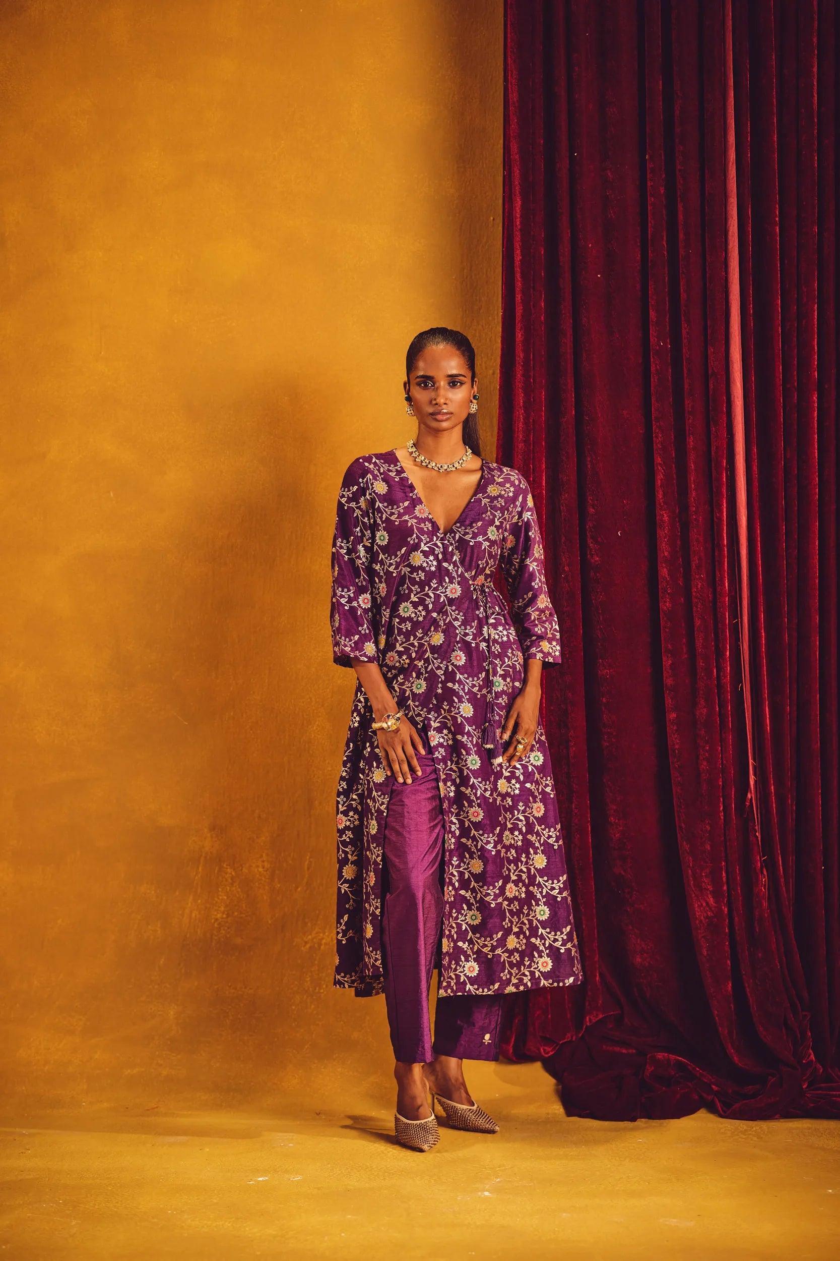  trueBrowns Purple Brocade Angrakha Kurta Set