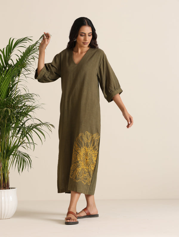 trueBrowns Olive Cotton Embroidered Dress