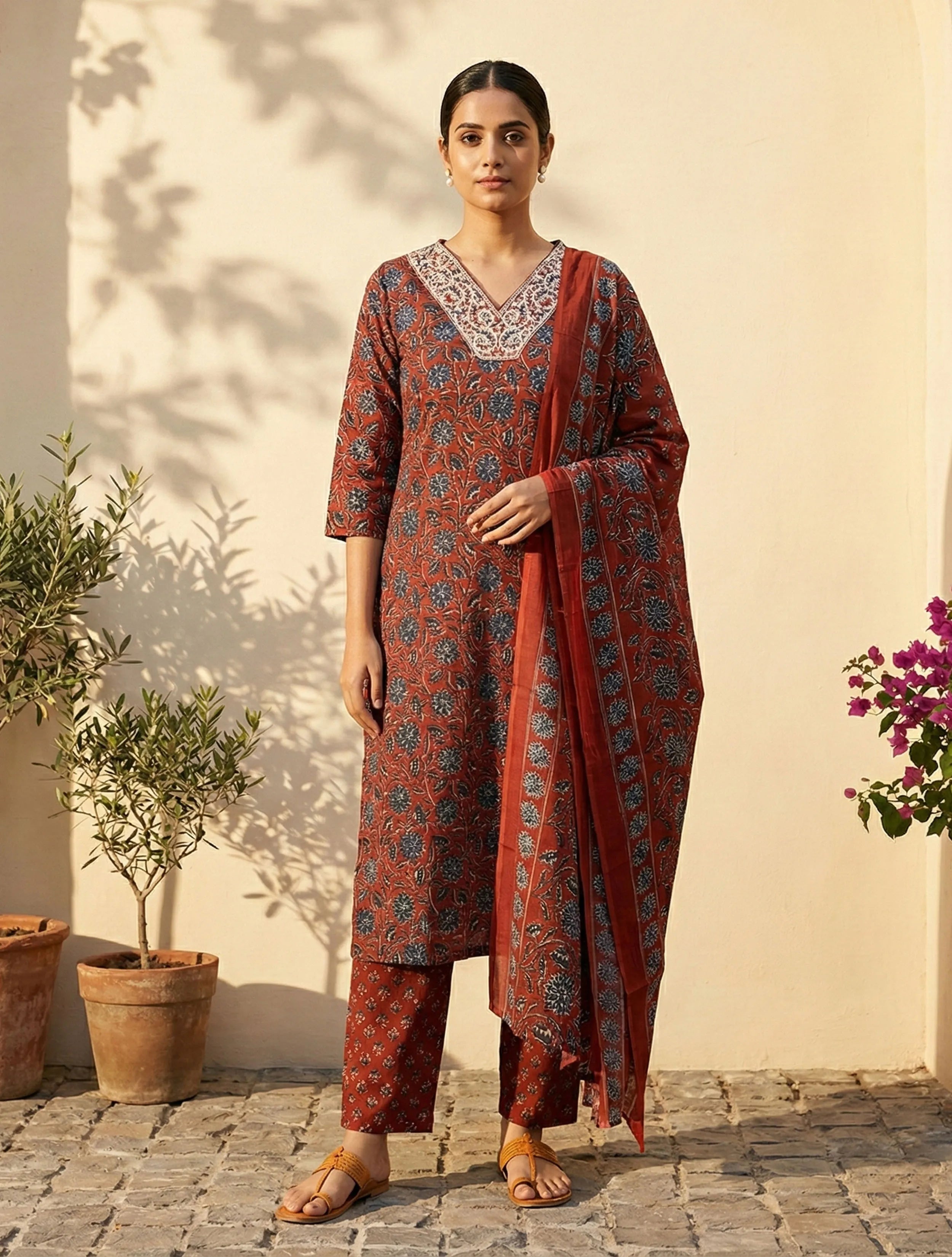 trueBrowns Rust Floral Print Embroidered V-Neck Kurta Pant Dupatta Set