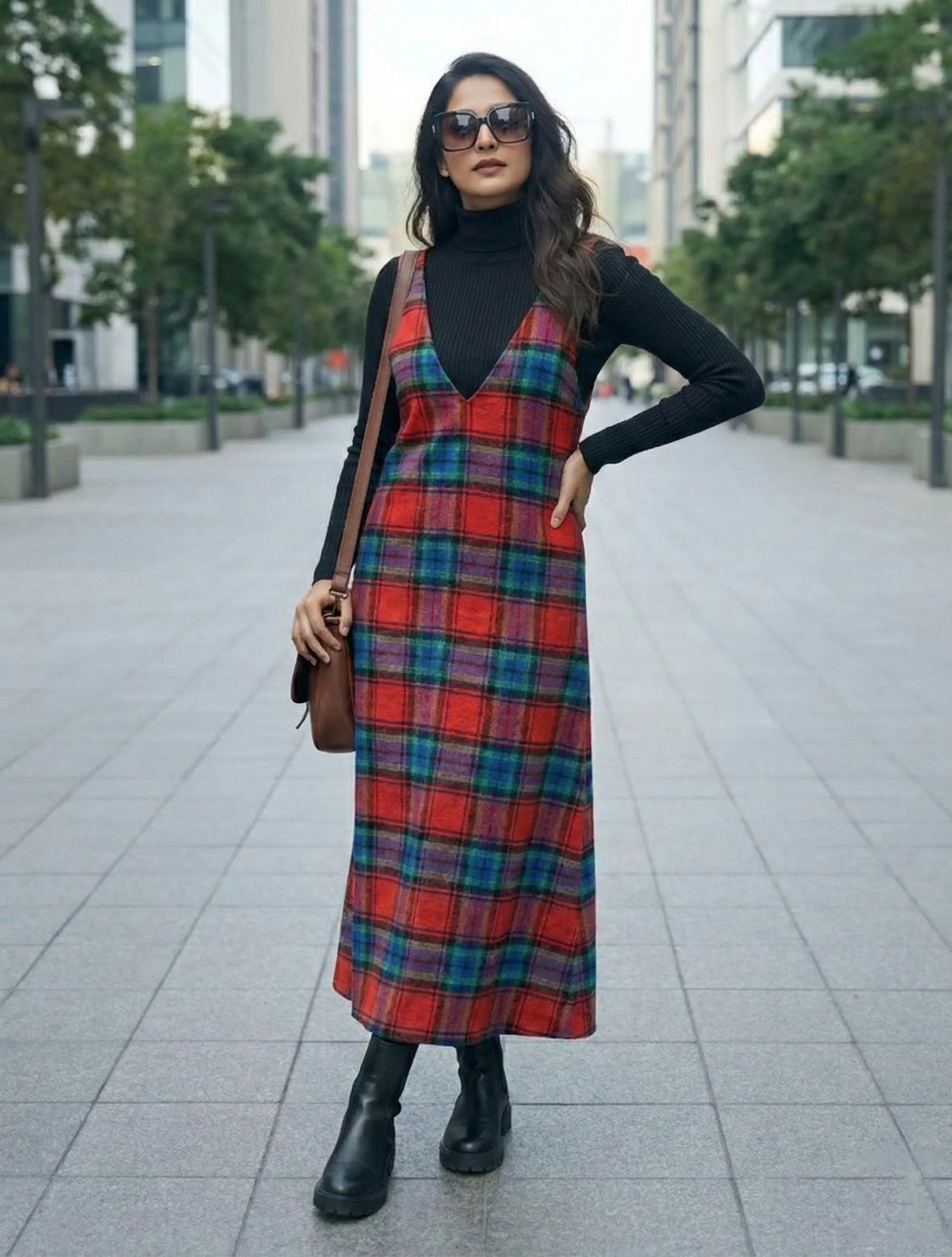 trueBrowns Red Blue Check Sleeveless A-Line Woollen Dress