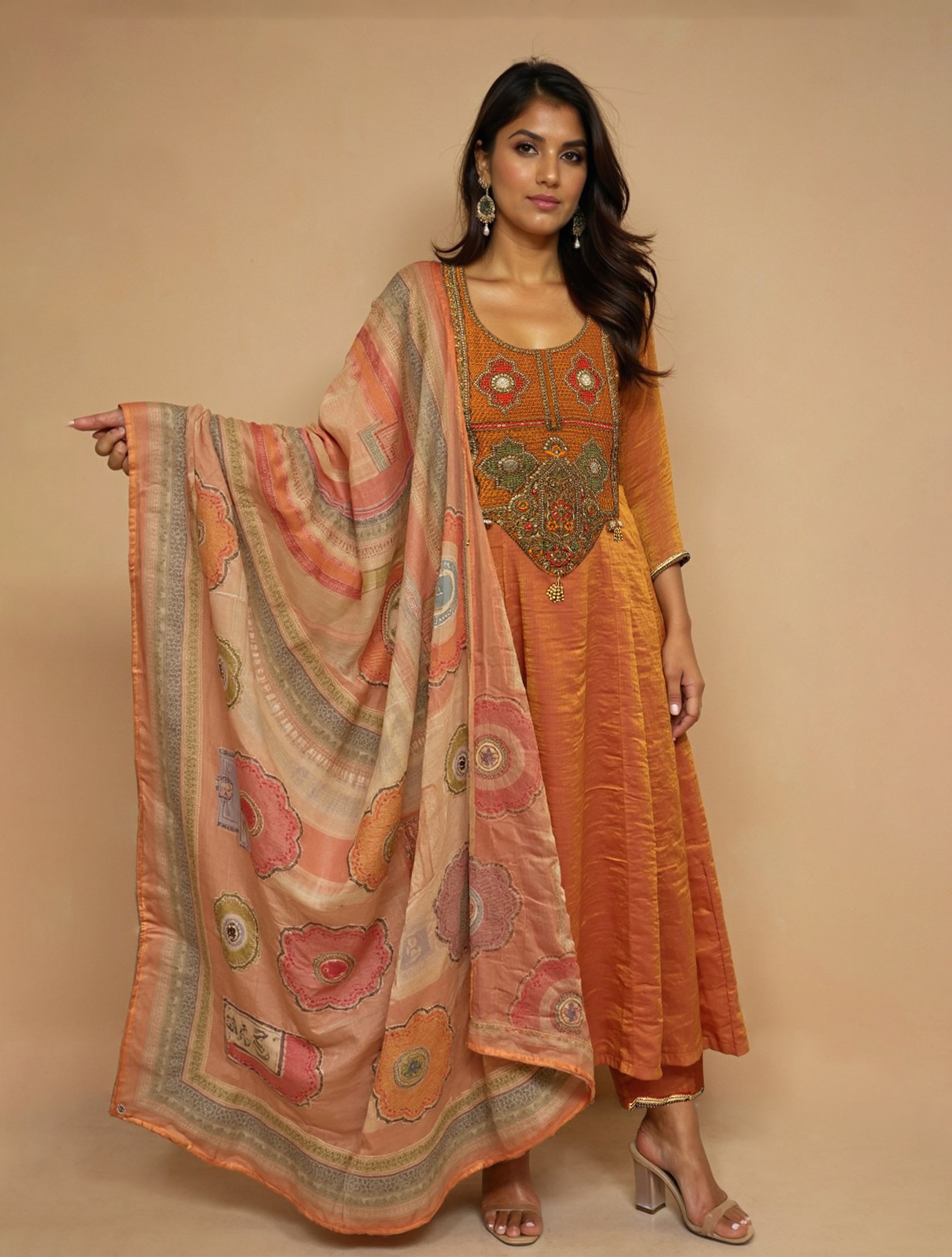 trueBrowns Rust Embroidered Tissue A-line Kurta Pant Dupatta Set