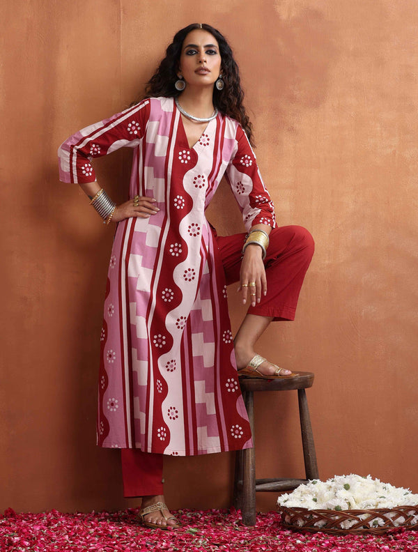 trueBrowns Pink Abstract Print High Slit Kurta Set