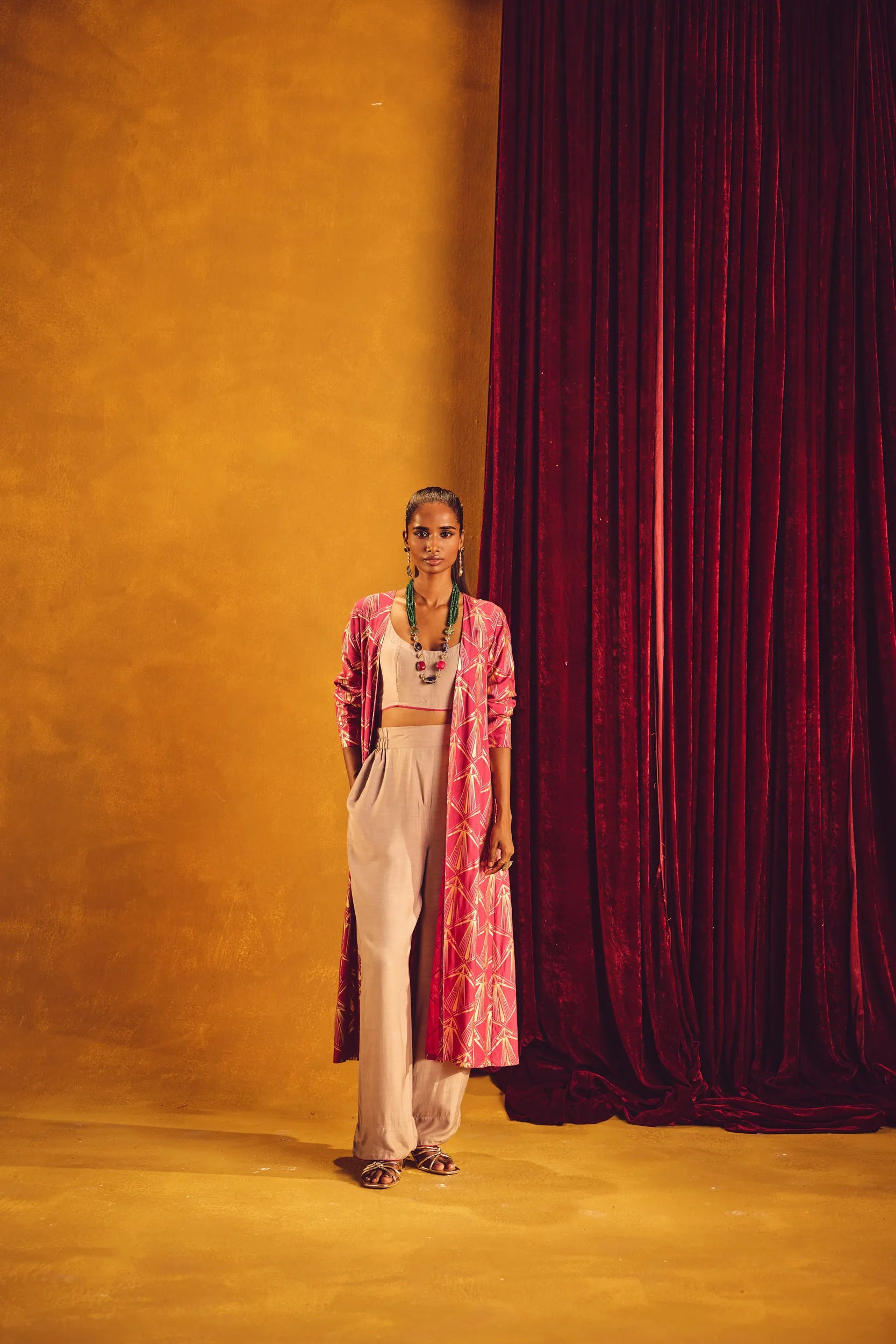 trueBrowns Grey and Pink Gold Foil Print Muslin Silk Jacket Set