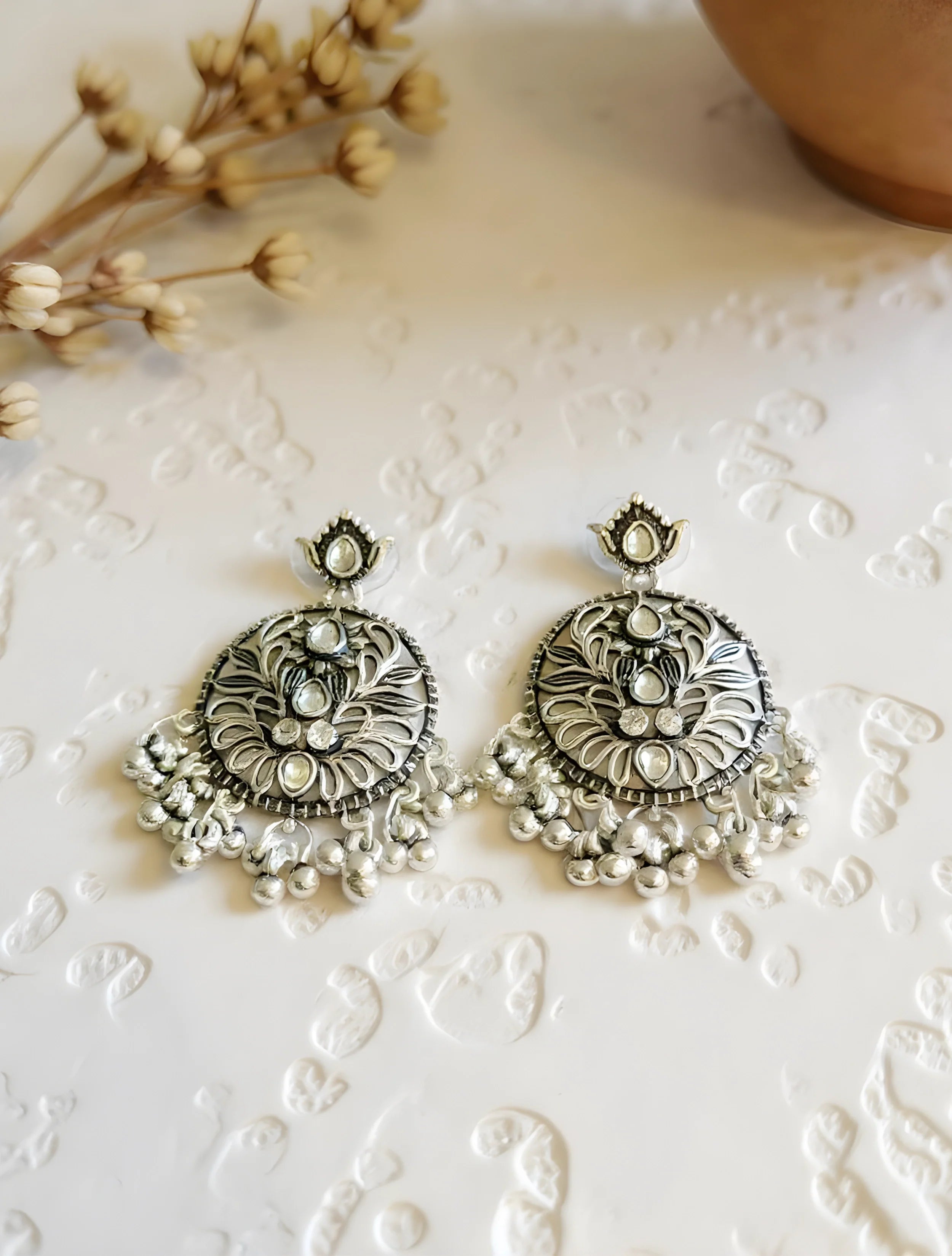 trueBrowns Silver Toned Round Stone Studded Earrings