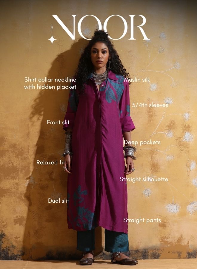 trueBrowns Purple Teal Floral Print Muslin Silk Straight Kurta Set