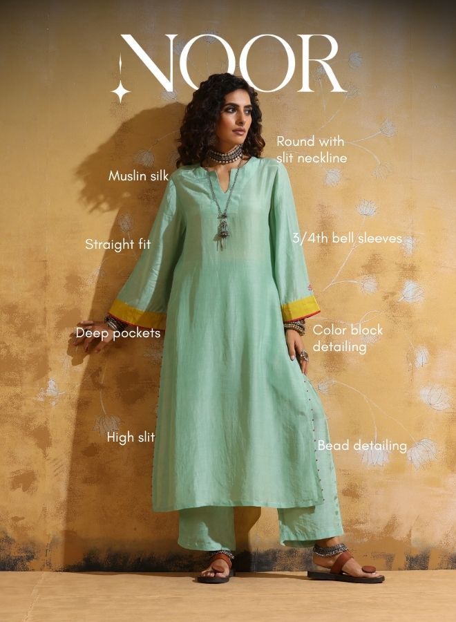 trueBrowns Mint Green Muslin Silk High-Slit Kurta Pant Set