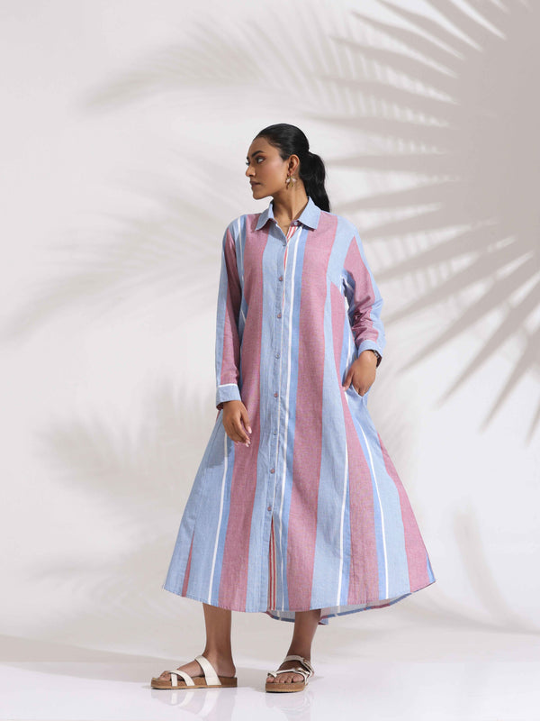 trueBrowns Blue Cotton Stripe Flared Shirt Dress