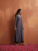 trueBrowns Black Floral Print A-line Kurta Set