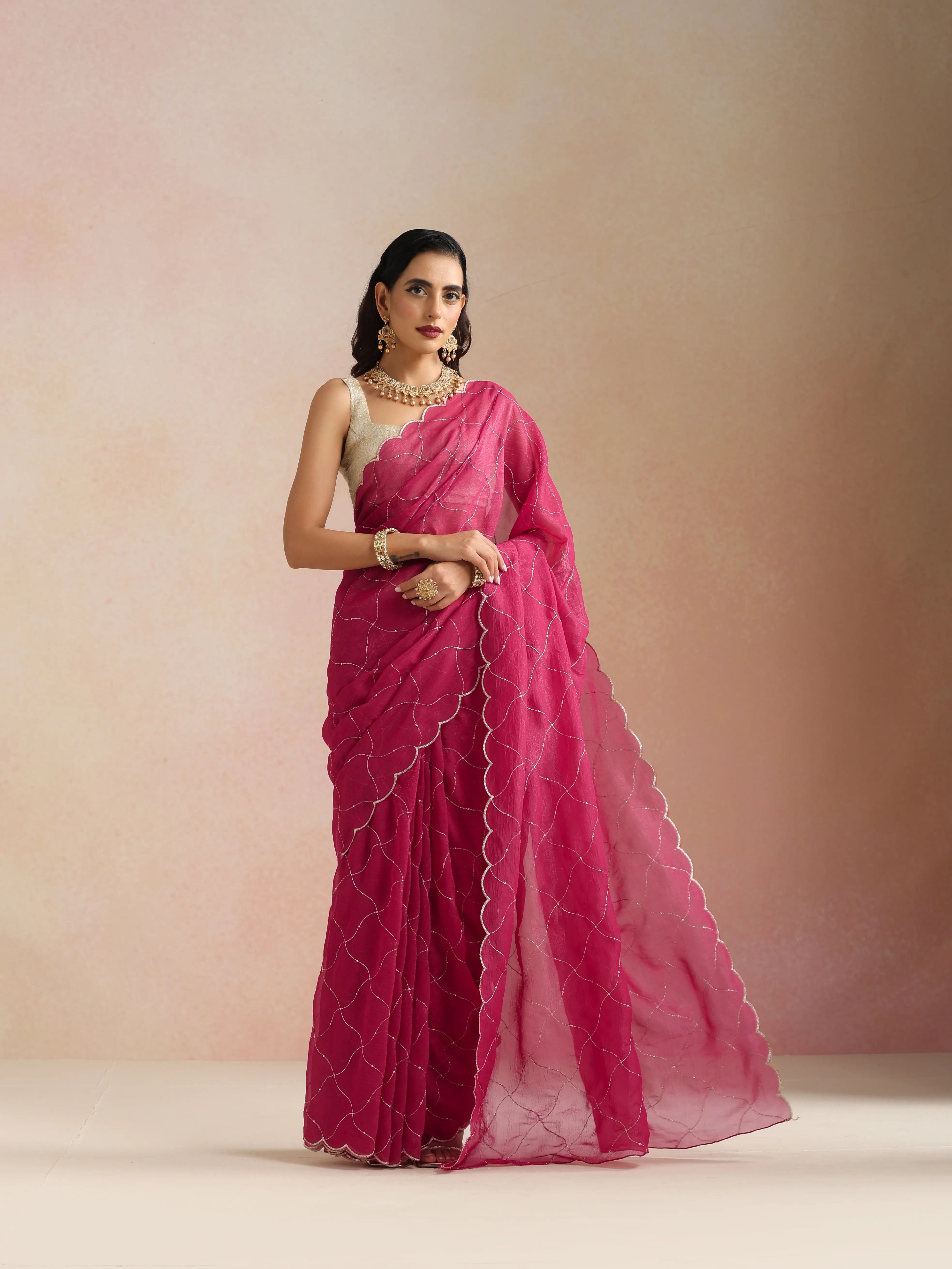 trueBrowns Pink Zari Jaal Embroidered Saree With Unstitched Blouse