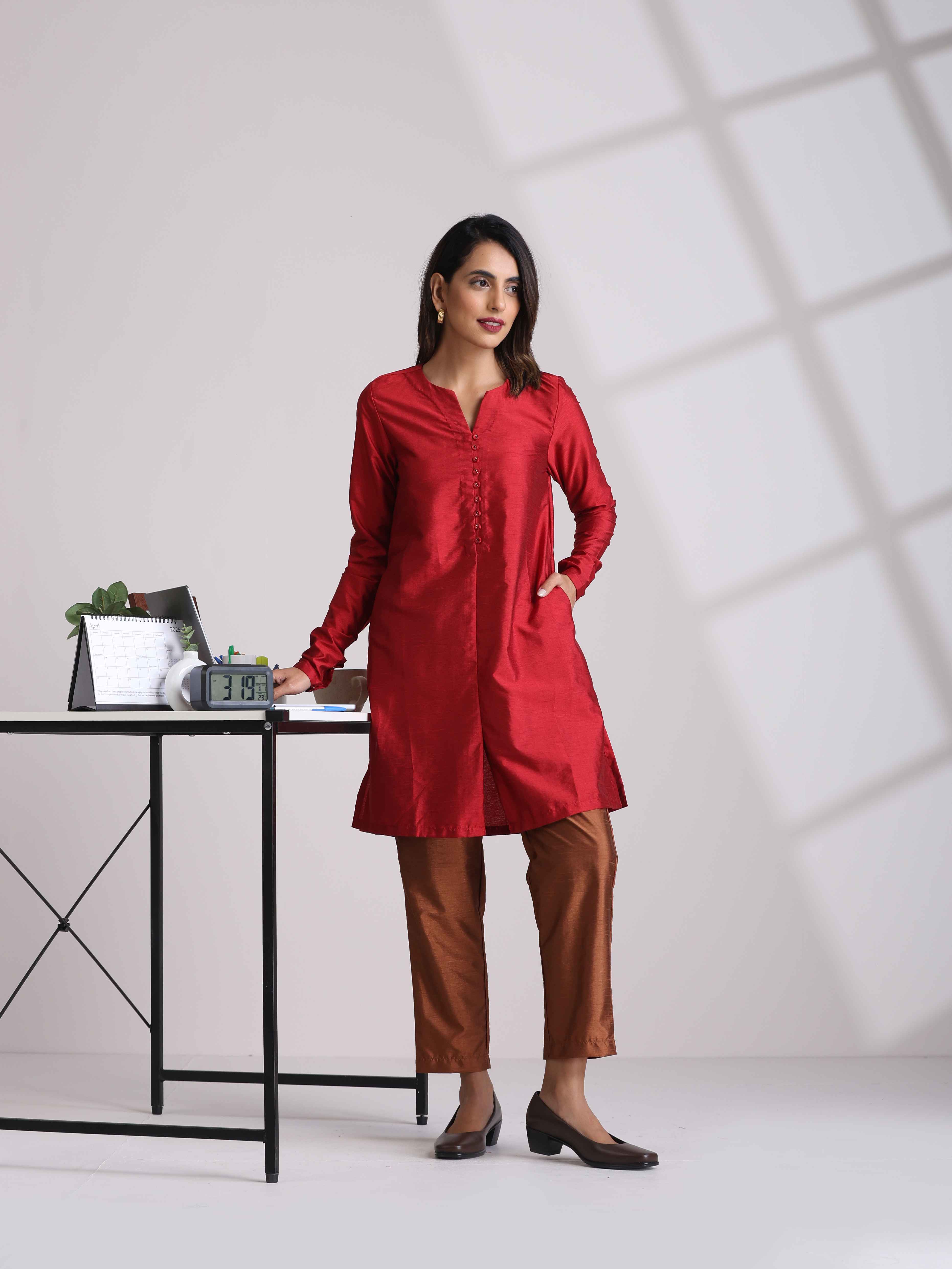 trueBrowns Red Silk Kurta Co-ord Set