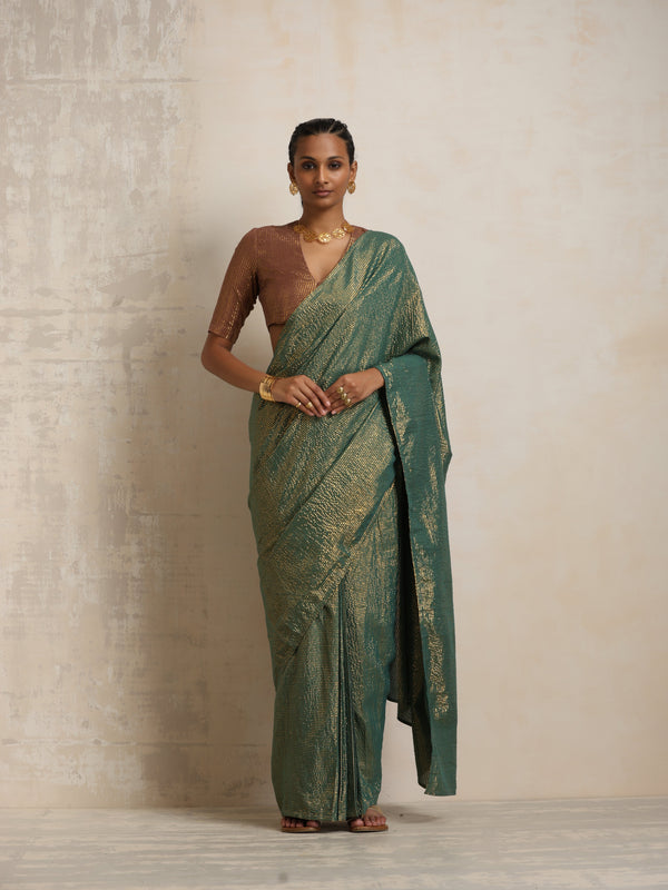 trueBrowns Dark Green Gold Metallic Ready To Wear Saree